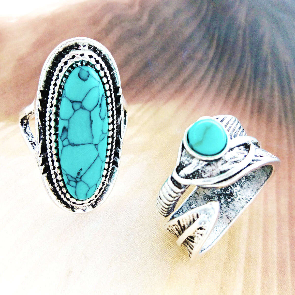 Custom Vintage Geometric Shell Turquoise Natural Stone Silver Plated Rings Set for Women High Classic Engagement New Alloy manufacture