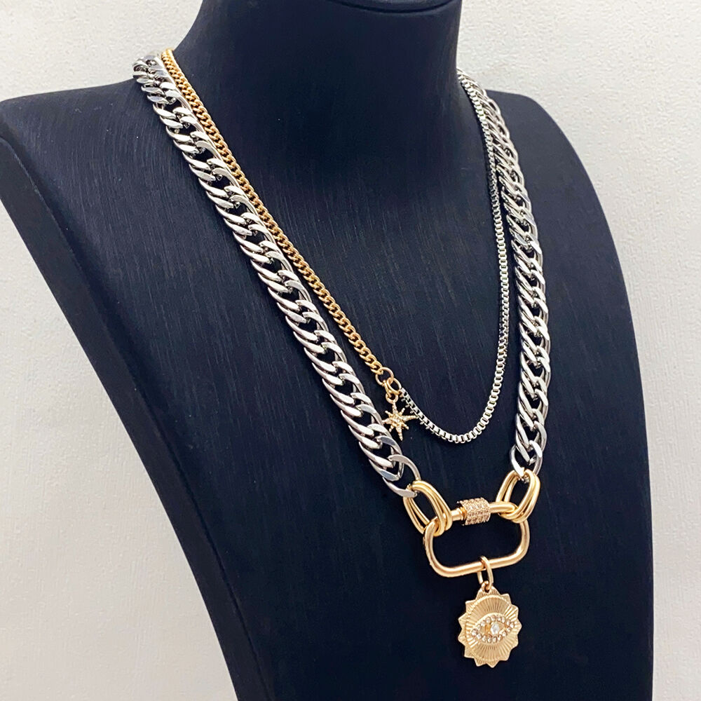 product charm necklace korean jewelry double layer chain crystal diamond pendant carabiner gold plated necklace for women-6