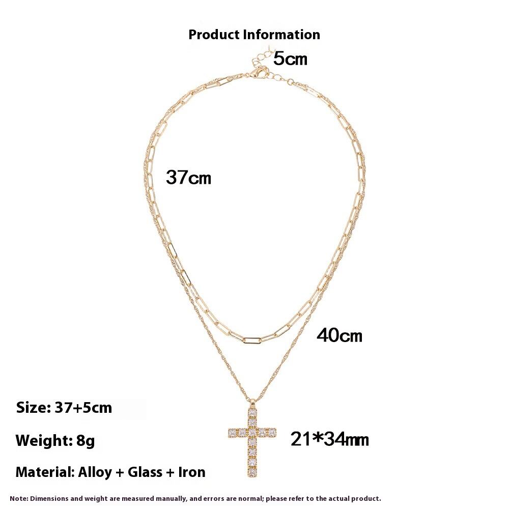 product 2025 summer new double layer overlapping cross pendant necklace micro inlaid rhinestone alloy link chain cross border wear-1