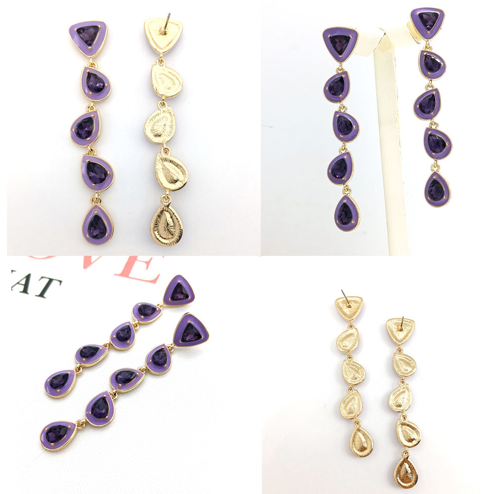 Korean Style New Fashion Purple Enamel Crystal Gold Plated Dangle Earrings for Women Classic Alloy & Zinc Material factory