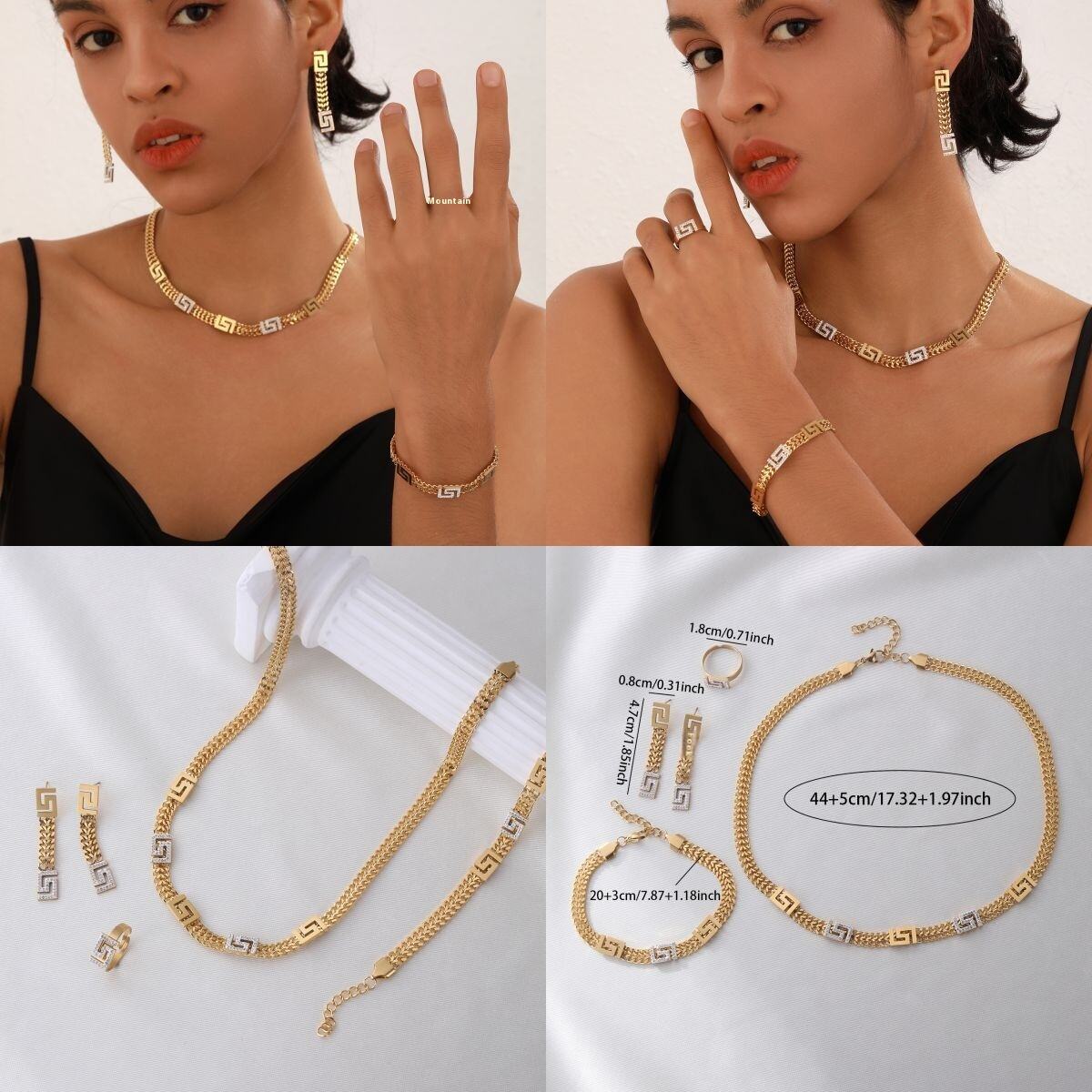product european american high grade four piece luxury stainless steel jewelry set 18k plated necklace bracelet earrings ring for women-1