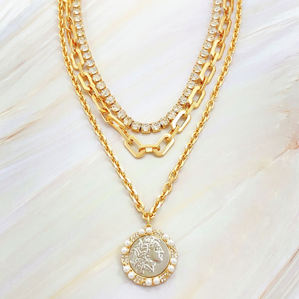 product hot selling customizable womens multi layer gold link chain pearl crystal necklace earring set featuring cameo pendant jewelry-6