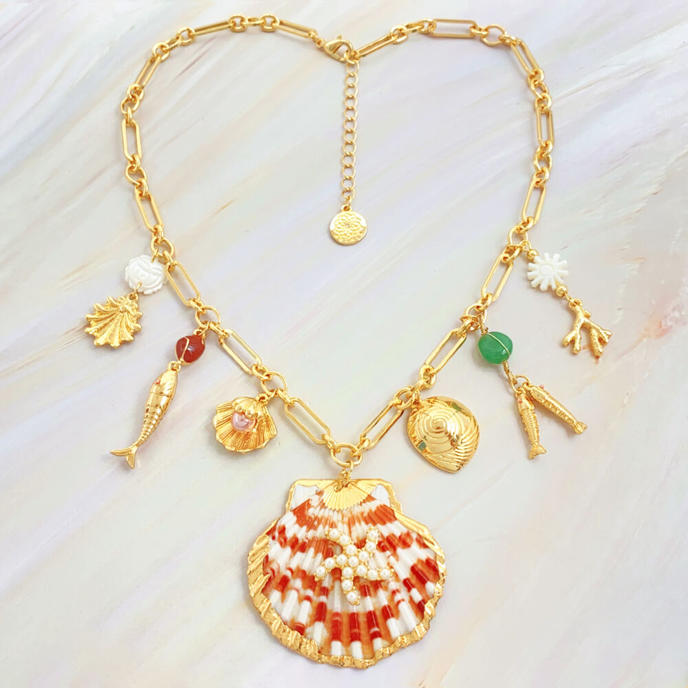 product wholesale fashion sea themed fish conch pearl pendant necklace simple style for women hot sale gold plating chains-4