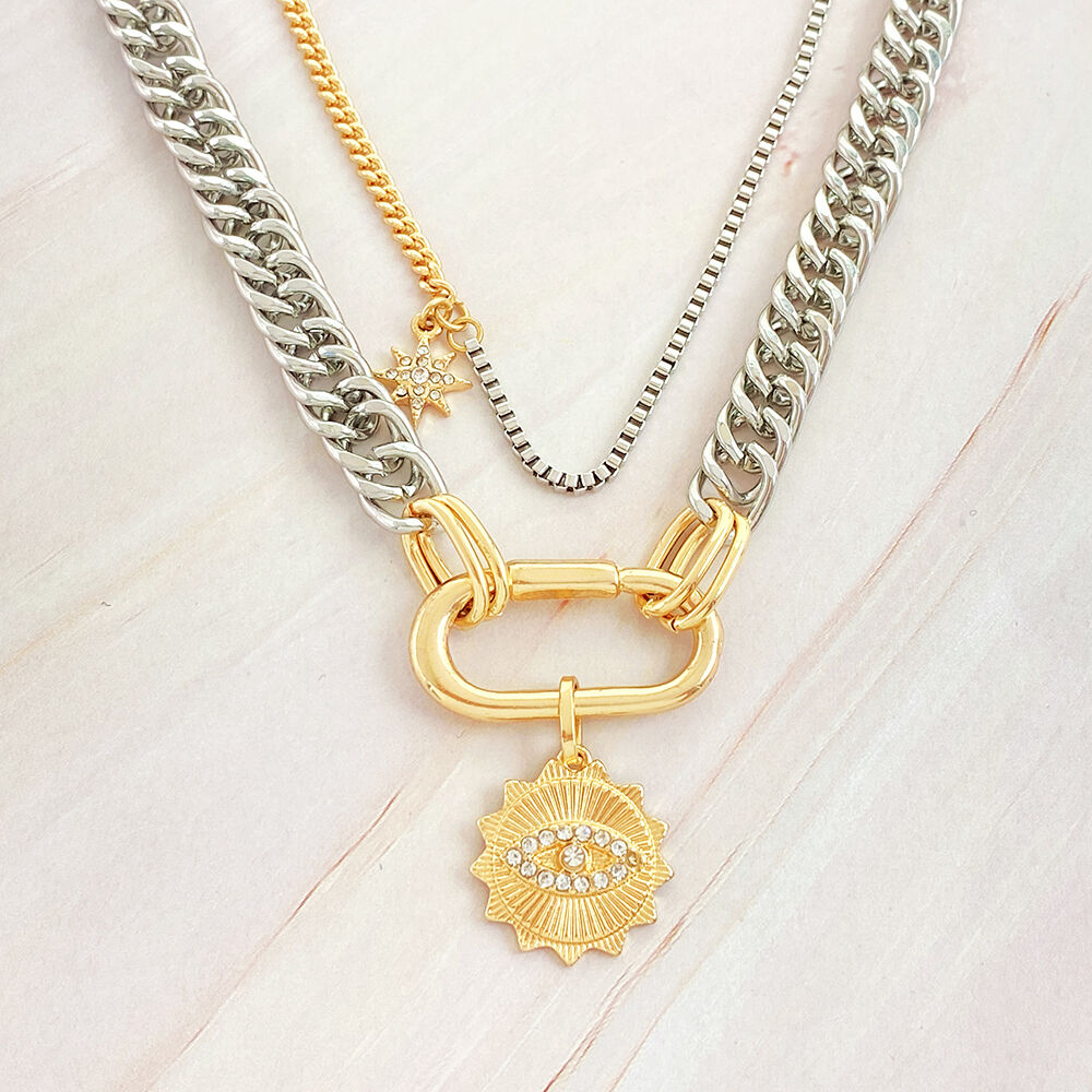 product wholesale fashion multilayer silver alloy pendant necklace with diamond eyes sun buckle for men women gold plated jewelry gift-3