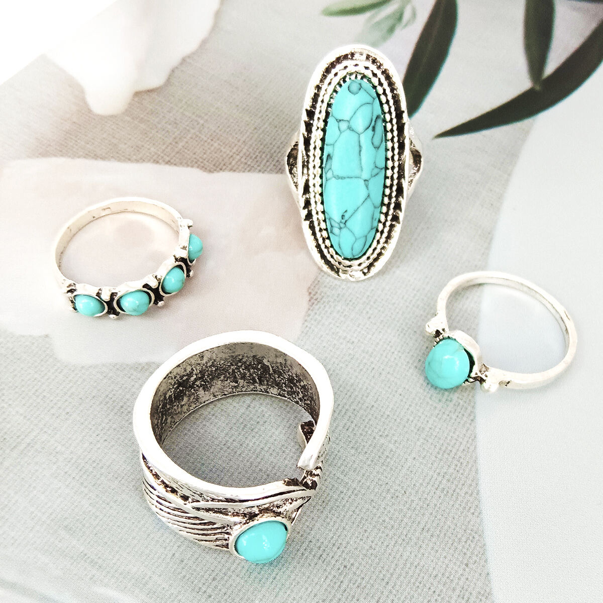 Custom Vintage Geometric Shell Turquoise Natural Stone Silver Plated Rings Set for Women High Classic Engagement New Alloy factory