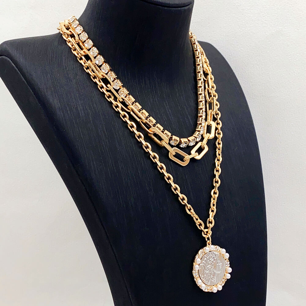 product hot selling customizable womens multi layer gold link chain pearl crystal necklace earring set featuring cameo pendant jewelry-8