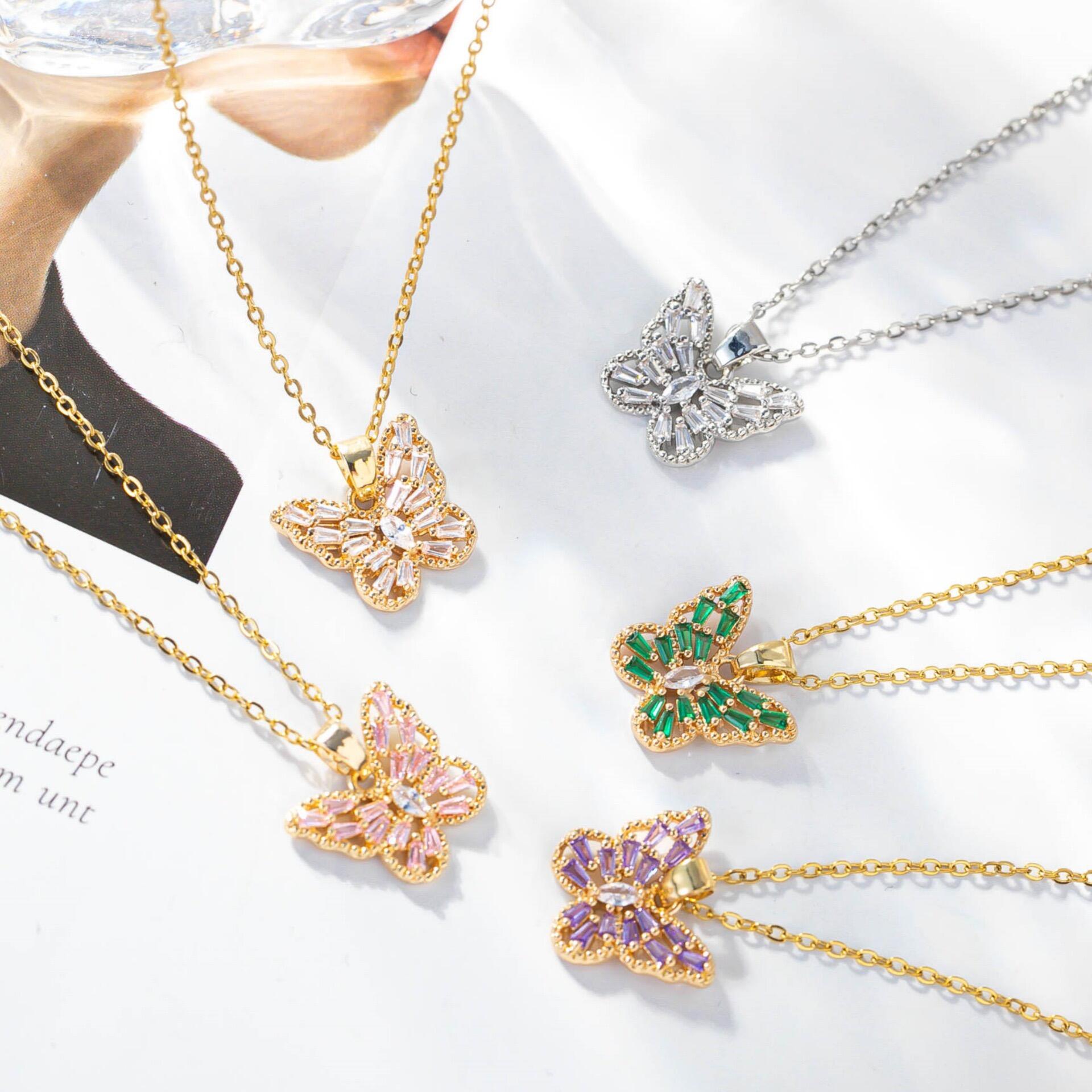 product plated butterfly necklace fashion custom jewelry pendant women necklace gold stainless steel wholesale colored rhinestone glass-3