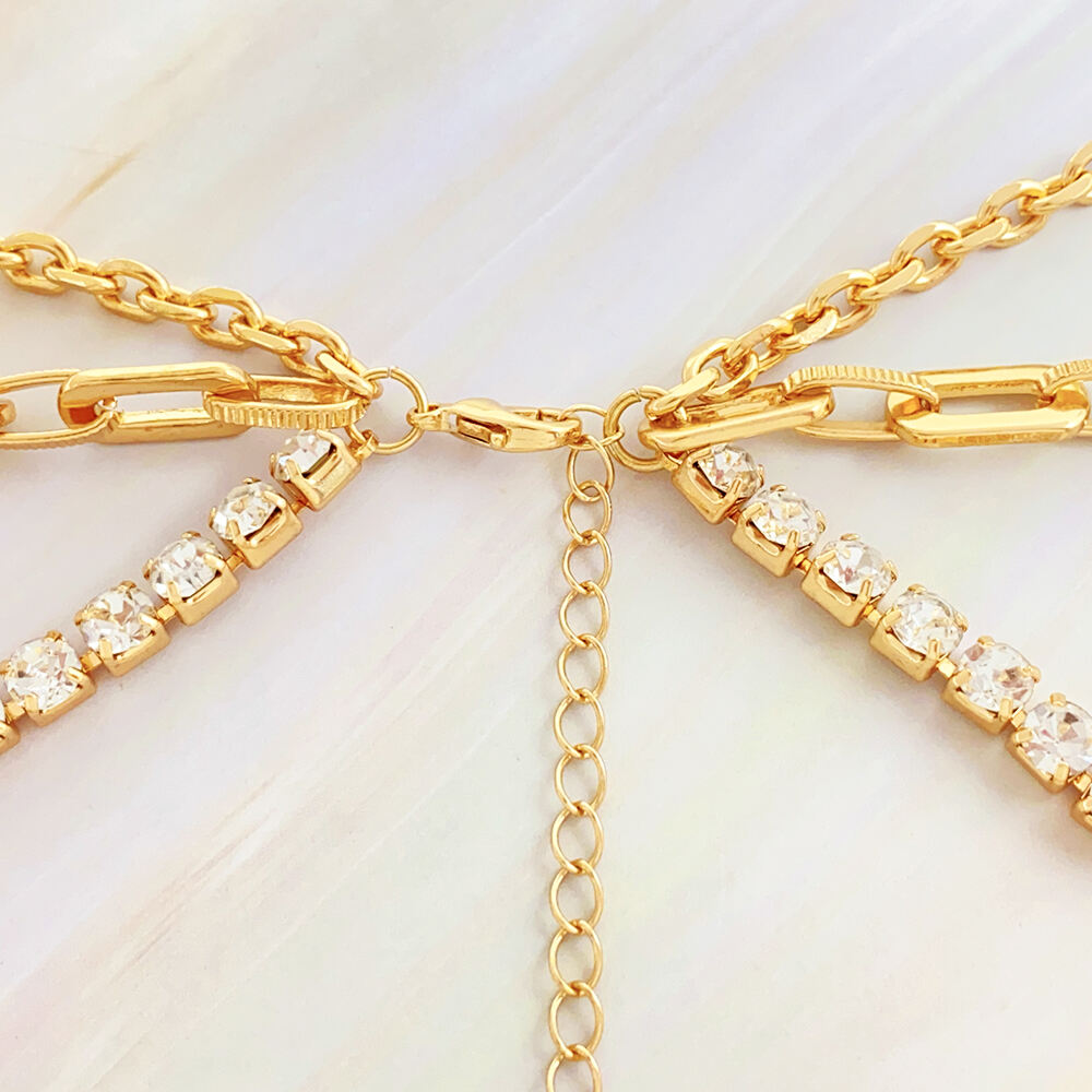 product hot selling customizable womens multi layer gold link chain pearl crystal necklace earring set featuring cameo pendant jewelry-7