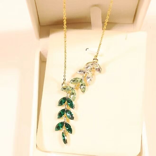 Customized Fashion Jewelry Gold Link Chain Rhinestone Colorful Stones and Leaf Pendant Set Jewelry for Women supplier