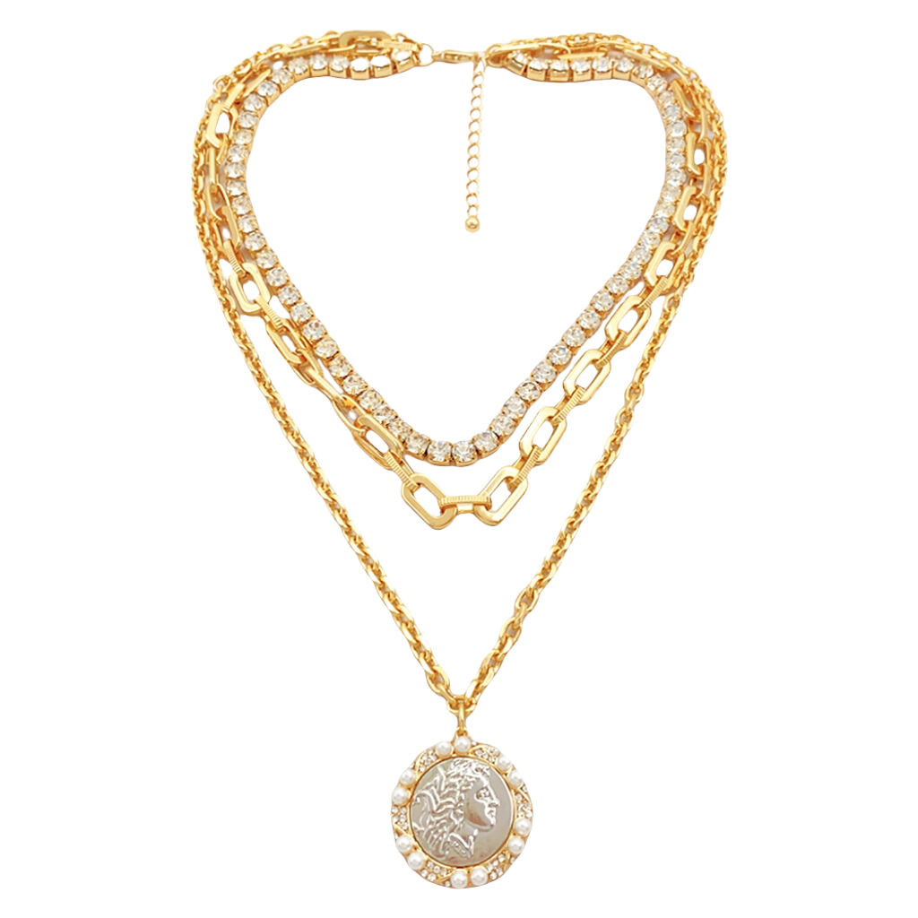 product hot selling customizable womens multi layer gold link chain pearl crystal necklace earring set featuring cameo pendant jewelry-9