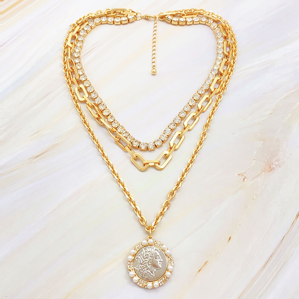 product hot selling customizable womens multi layer gold link chain pearl crystal necklace earring set featuring cameo pendant jewelry-4