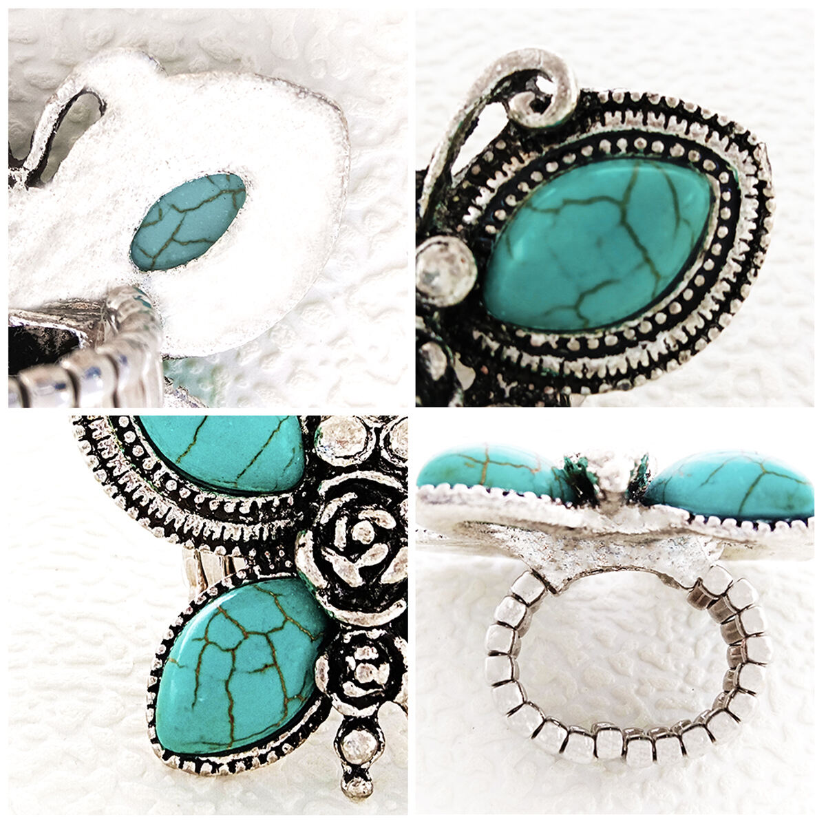 New Fashion Custom Vintage butterfly Geometric Shell Turquoise Natural Stone Elastic Ring for Women supplier