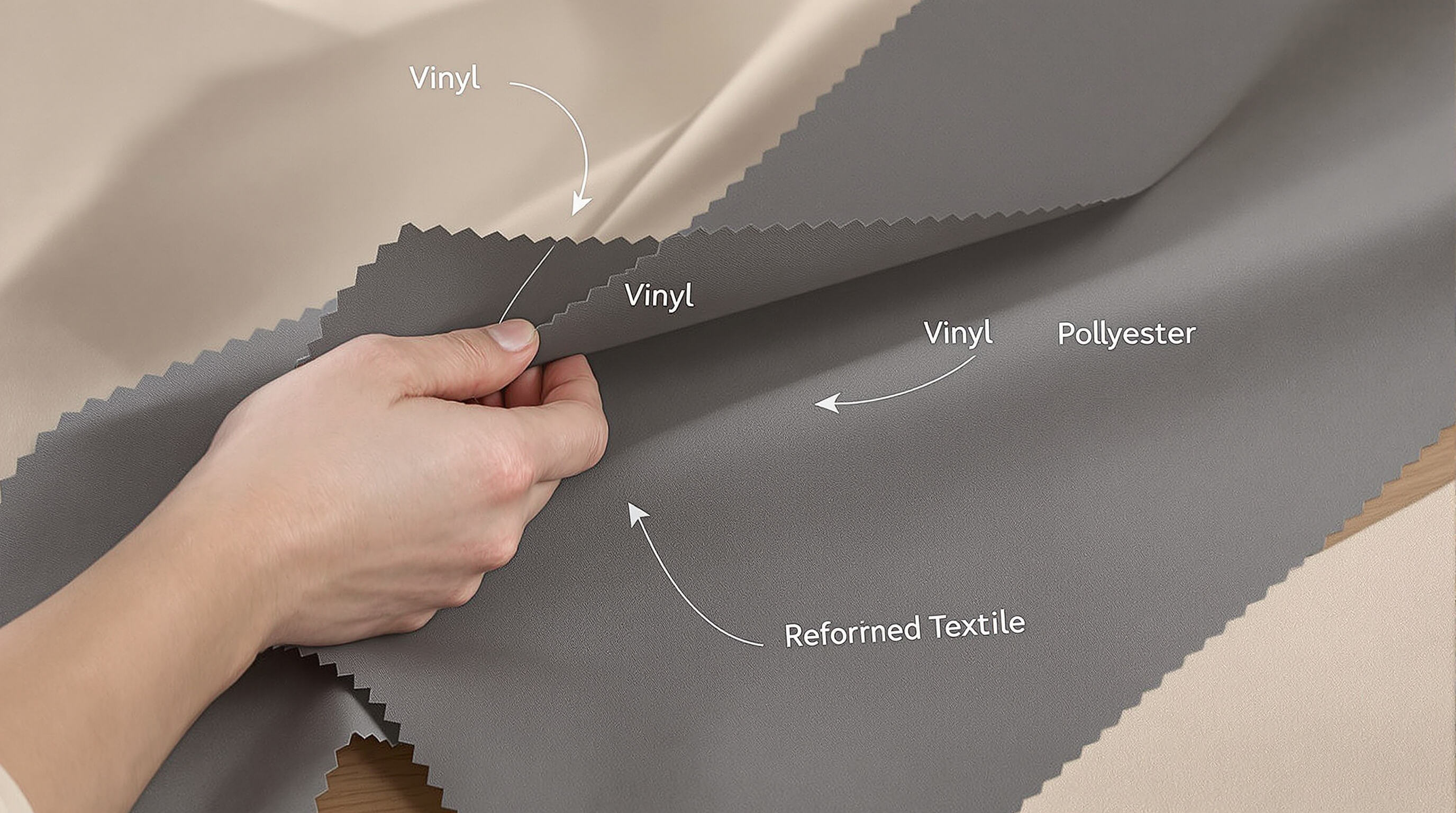 Hands examine three realistic AC cleaning cover materials—vinyl, polyester, and reinforced textile—on a table