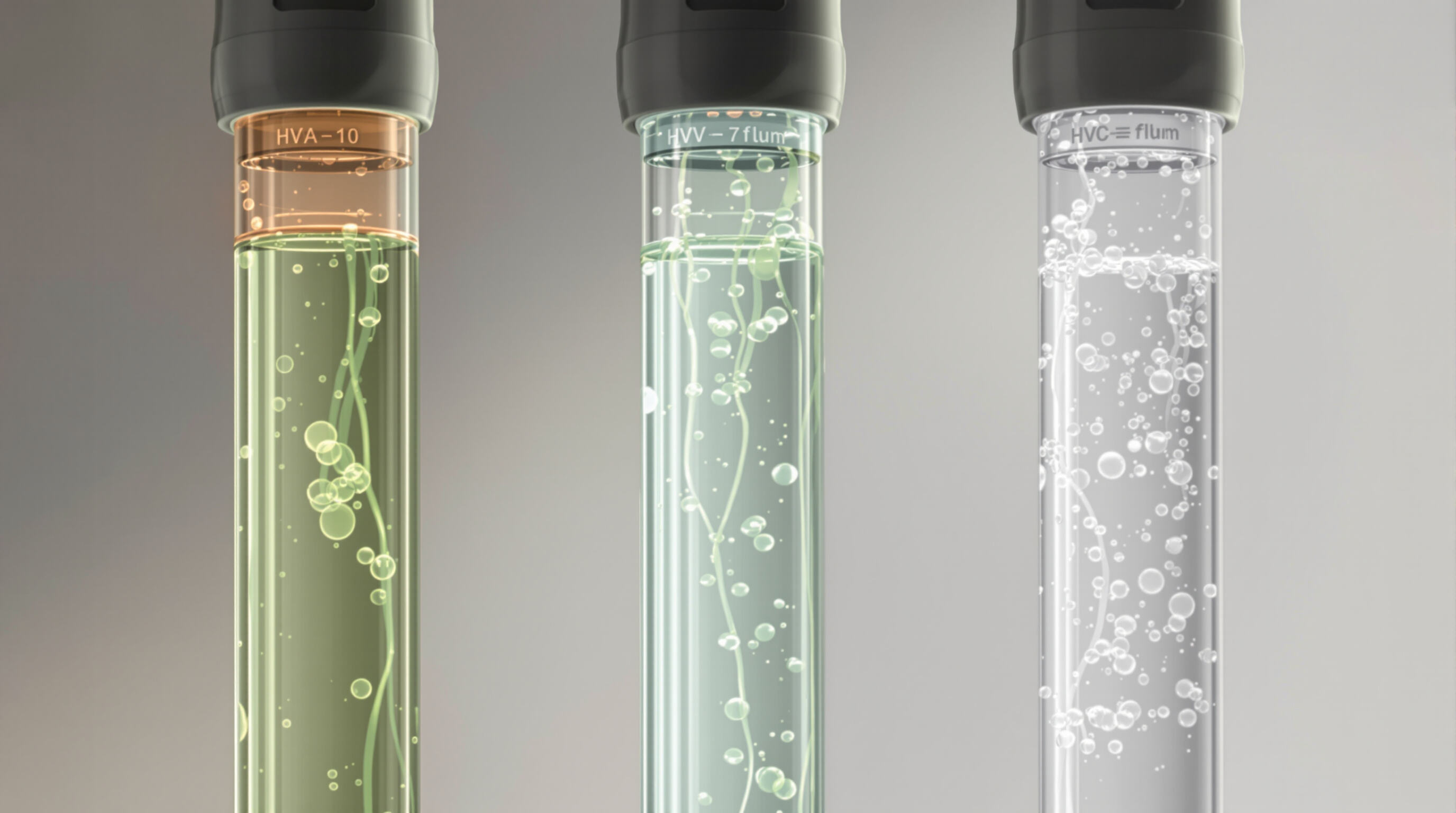 Three HVAC capillary tubes with different refrigerants highlighted by soft lighting to show subtle variations in fluid properties.