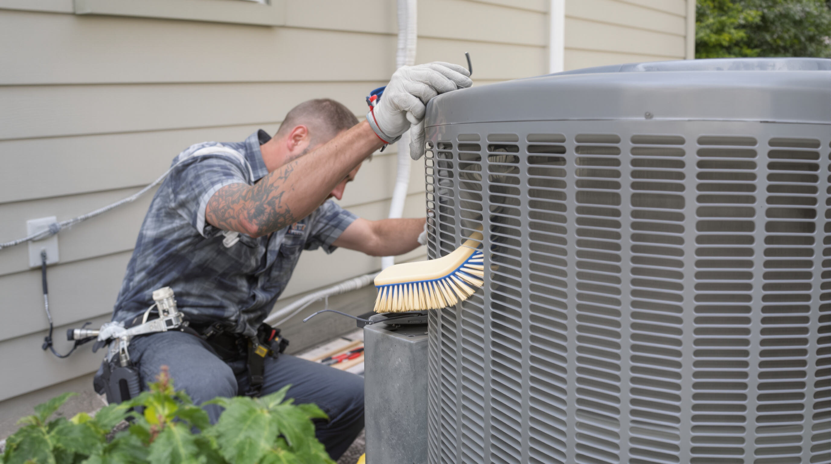 Technician cleaning the outdoor AC unit with a brush in a quiet backyard