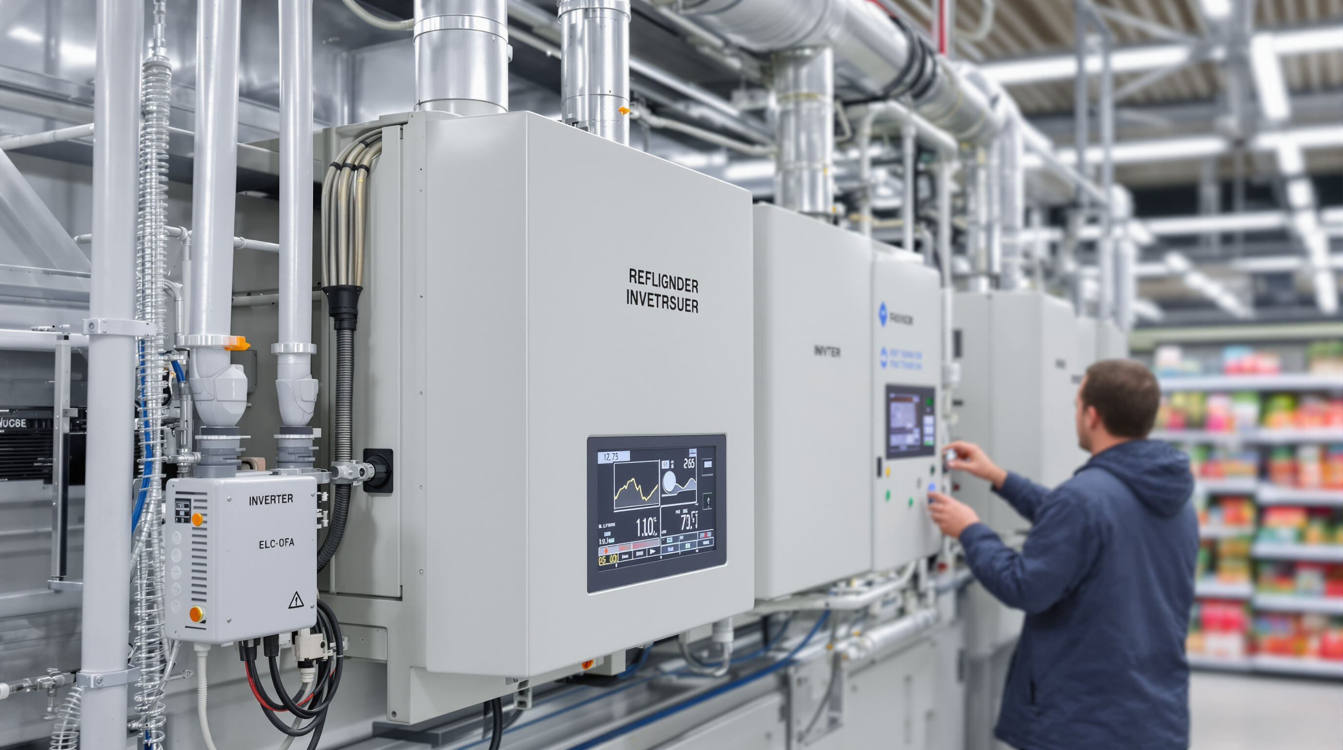 Technician operating variable speed inverter compressors in a supermarket refrigeration system