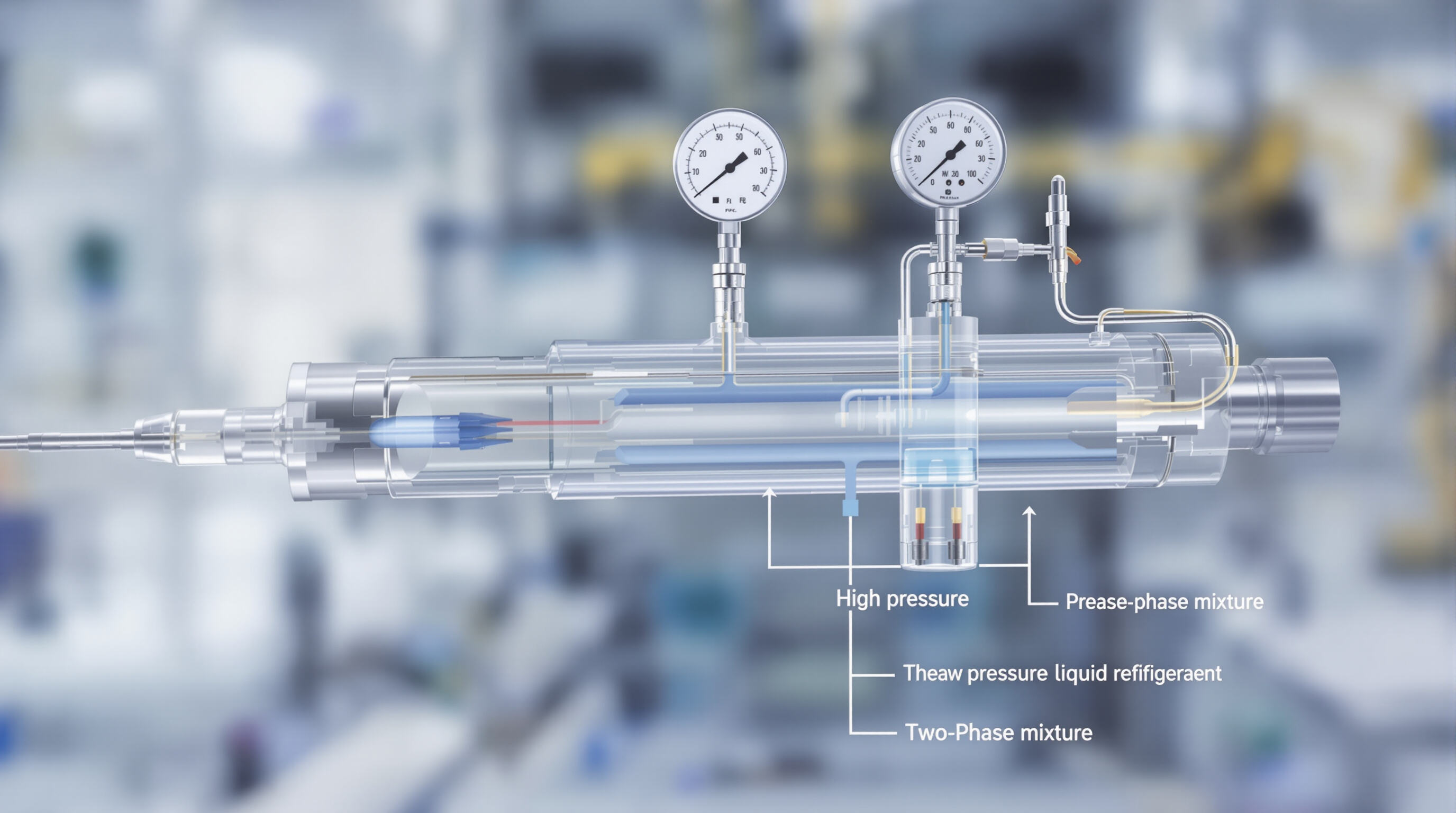 Transparent capillary tube demonstrating change in refrigerant state with sensors attached in a lab environment