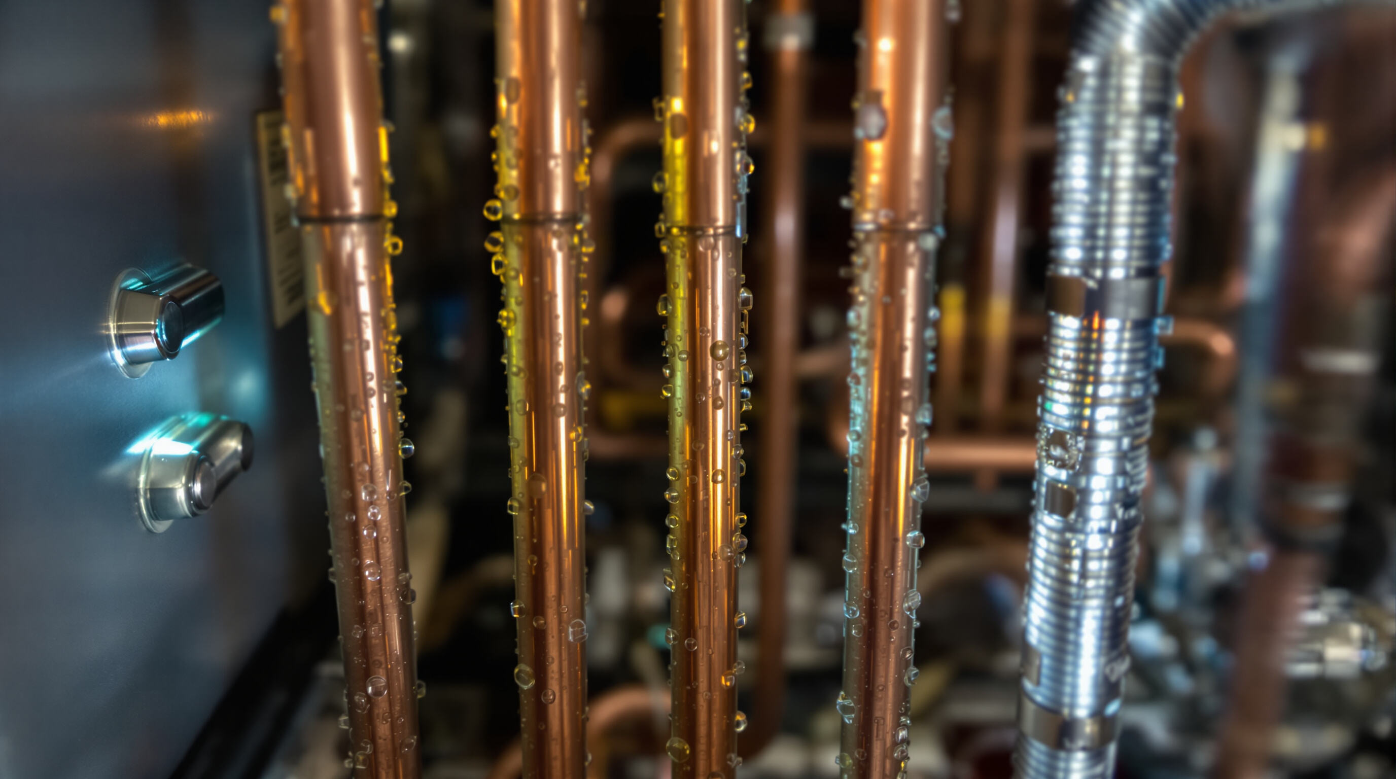 Close-up of HVAC copper capillary tubes exposed to warm and cool temperature zones, showing condensation and subtle expansion effects.