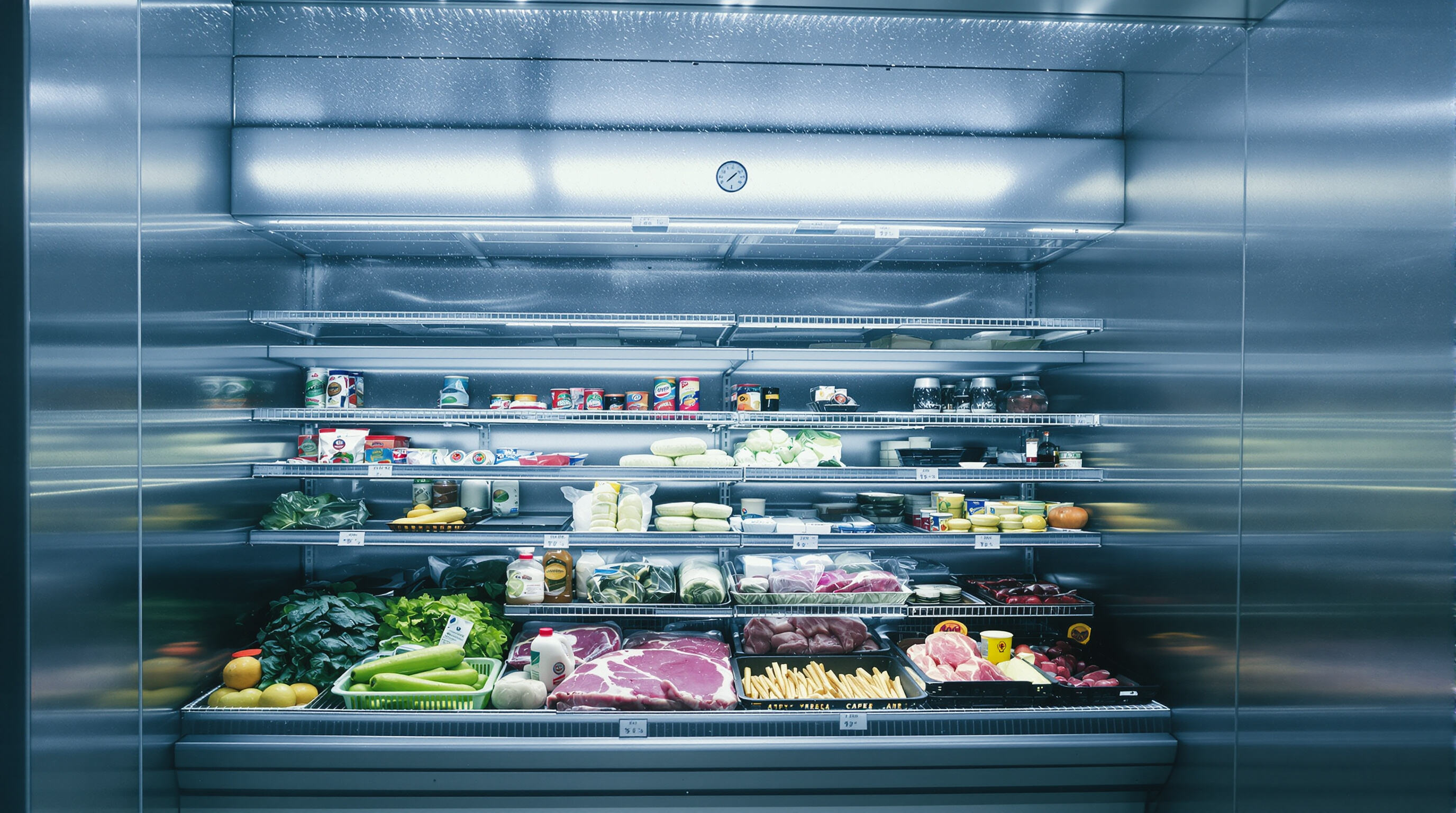 Professional walk-in refrigerator stocked with fresh food items and clearly visible temperature controls