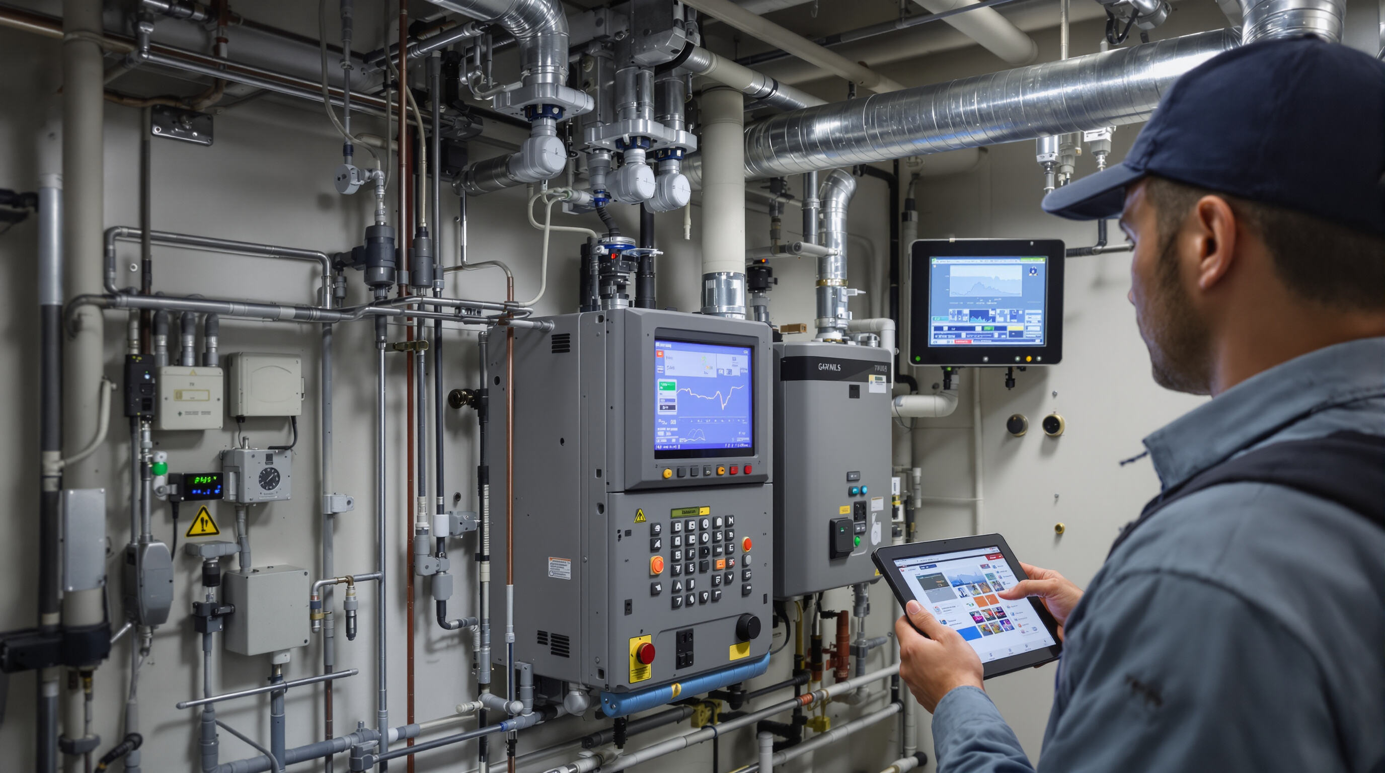 Technician monitors smart HVAC system with sensors and control units inside a mechanical room.