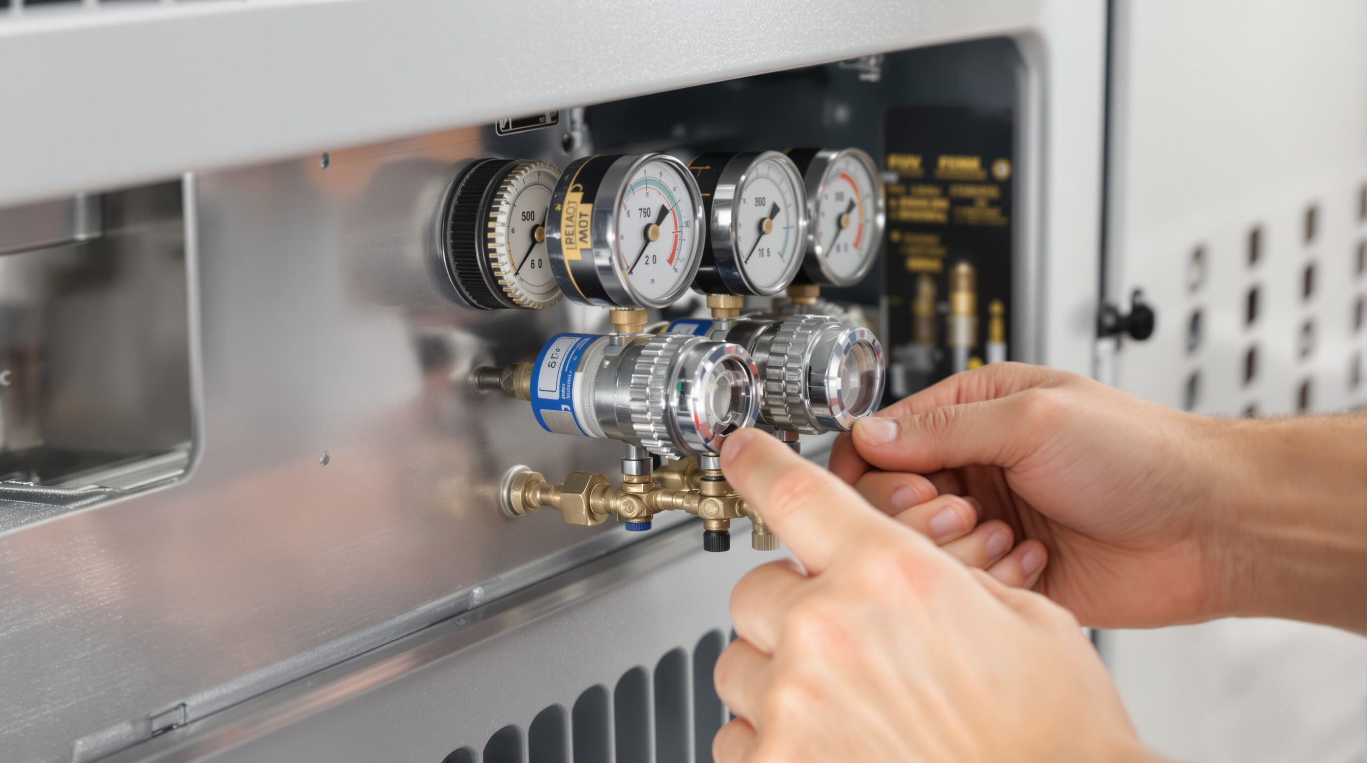 Technician using pressure gauges to assess an air conditioning unit for capillary tube blockages