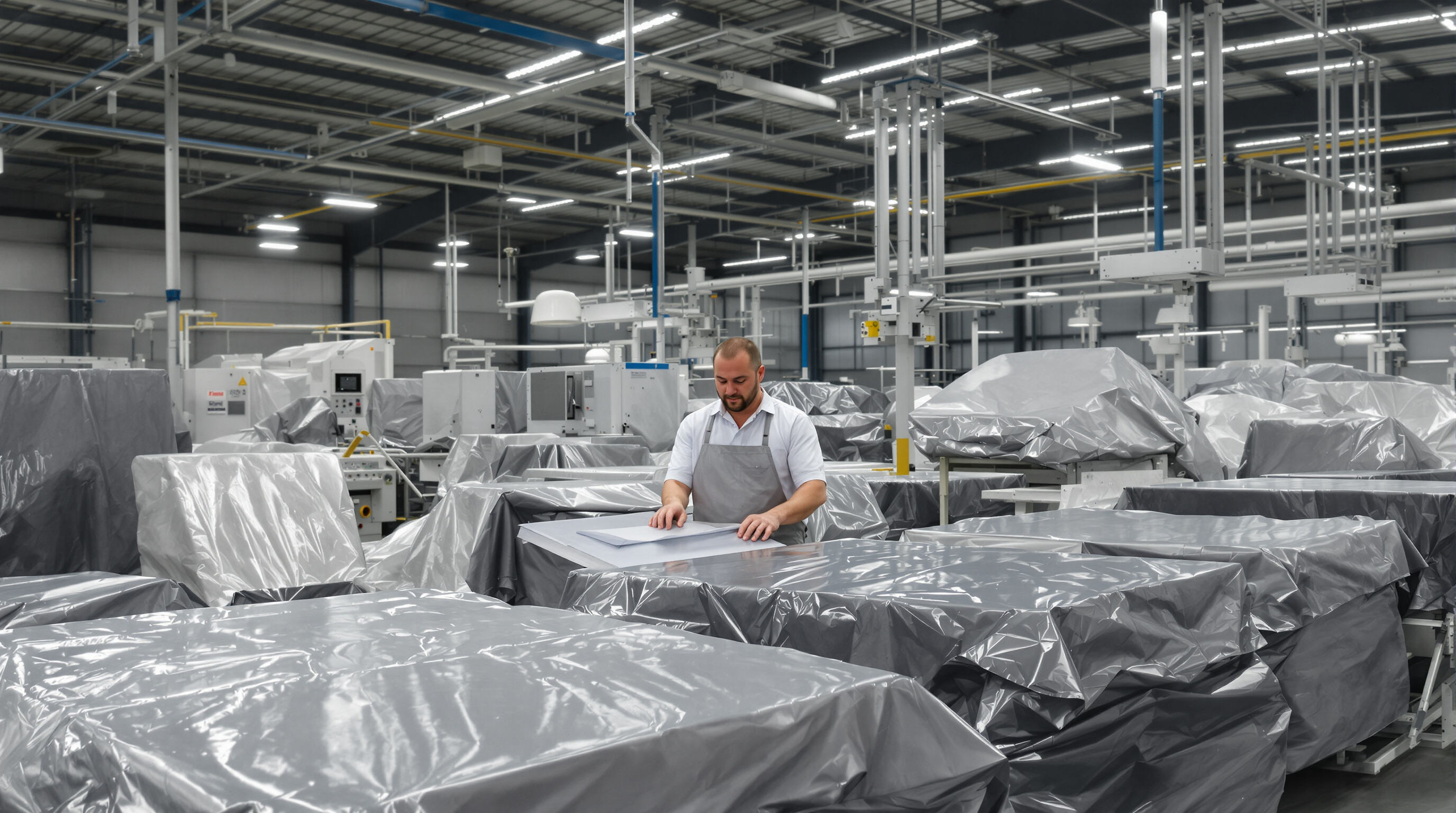 Technician inspects AC cleaning covers in a factory to assess quality and reliability