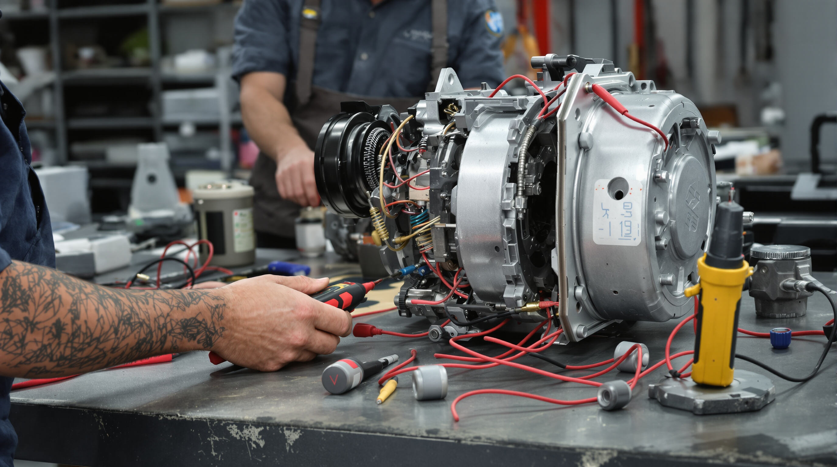 Technician testing refrigerator compressor and motor parts with a multimeter in a workshop