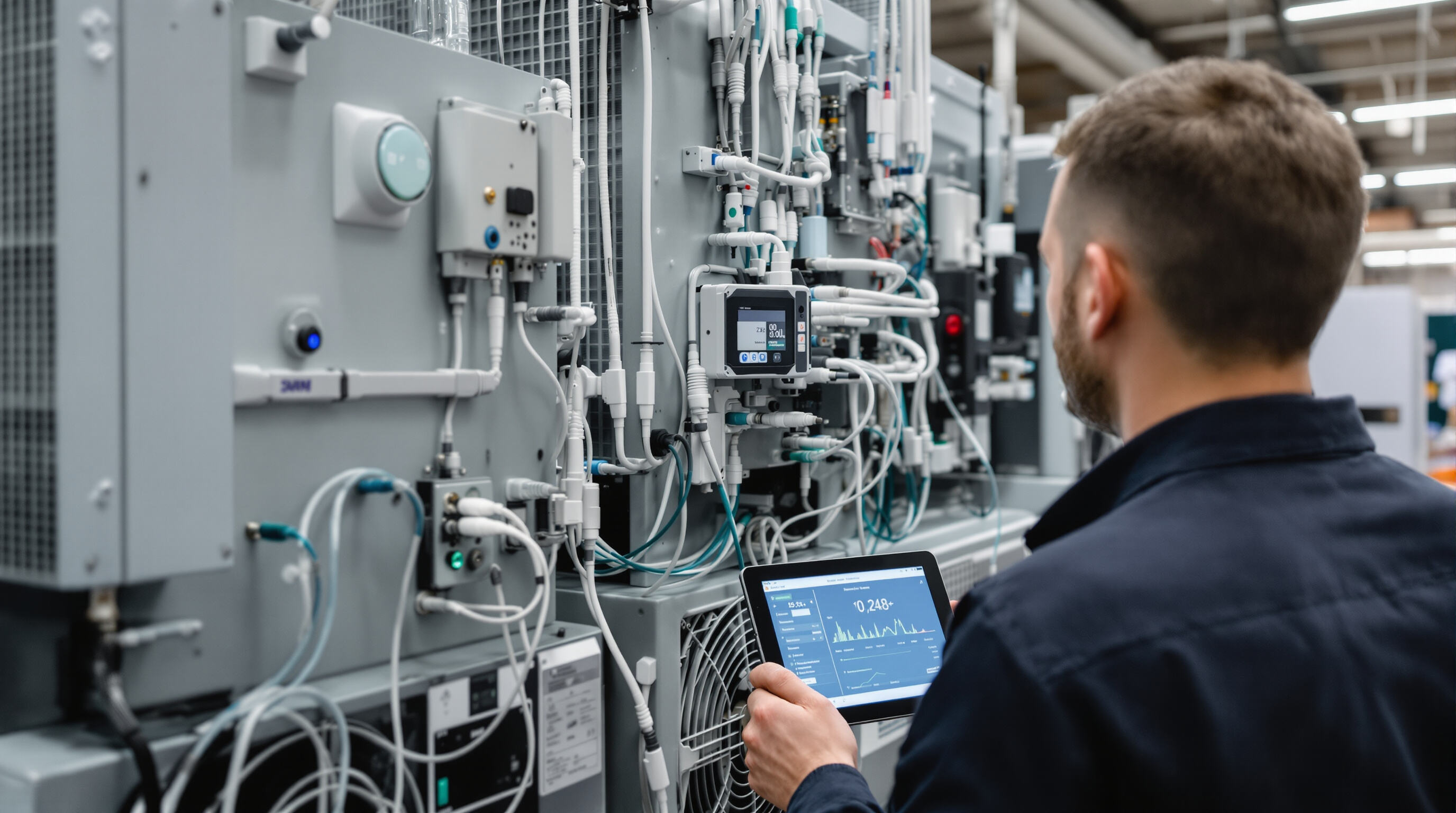 Technician examining digital sensors and equipment in a supermarket refrigeration system