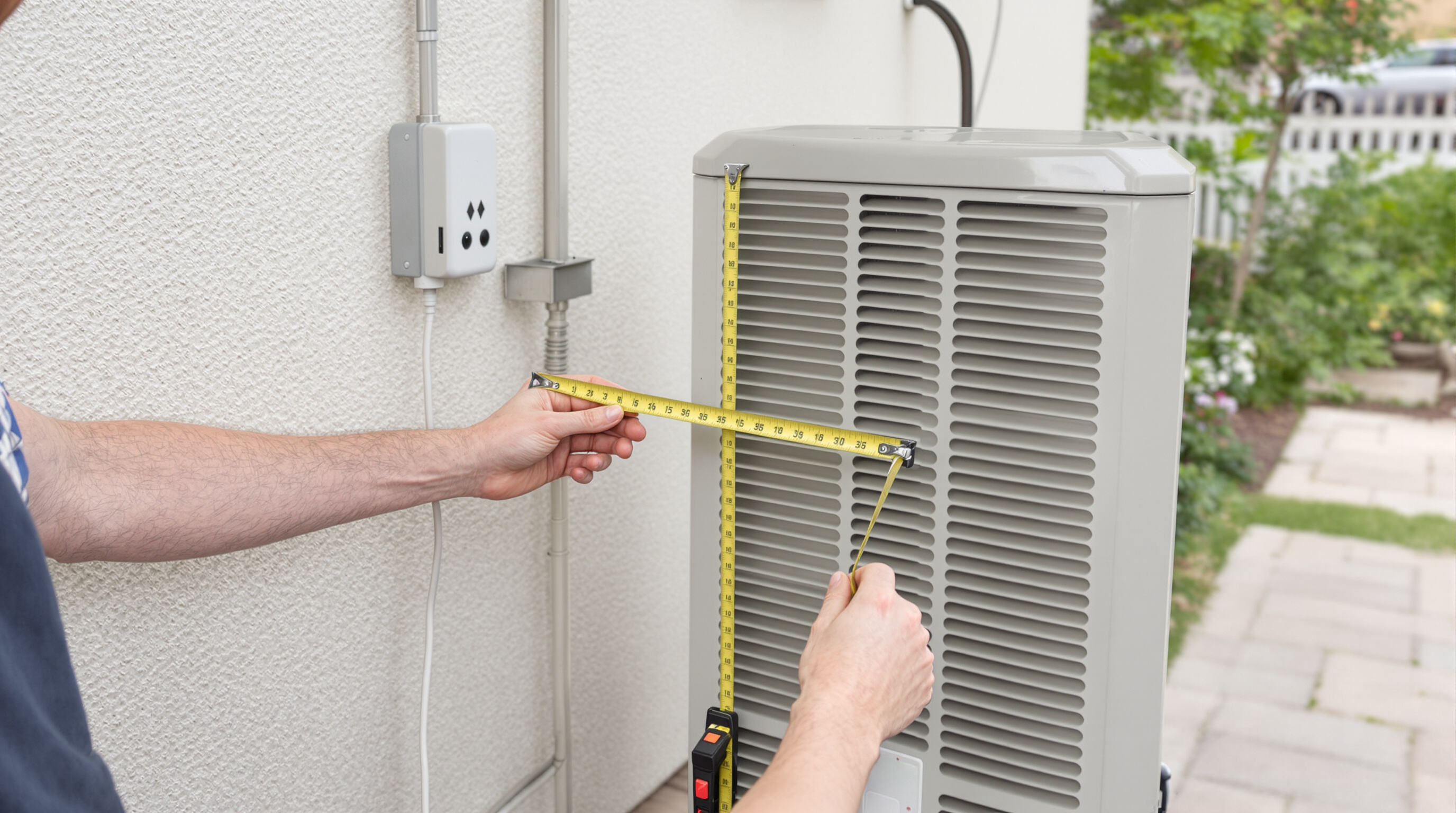 Person measuring an outdoor air conditioning unit accurately with a tape measure near a garden patio