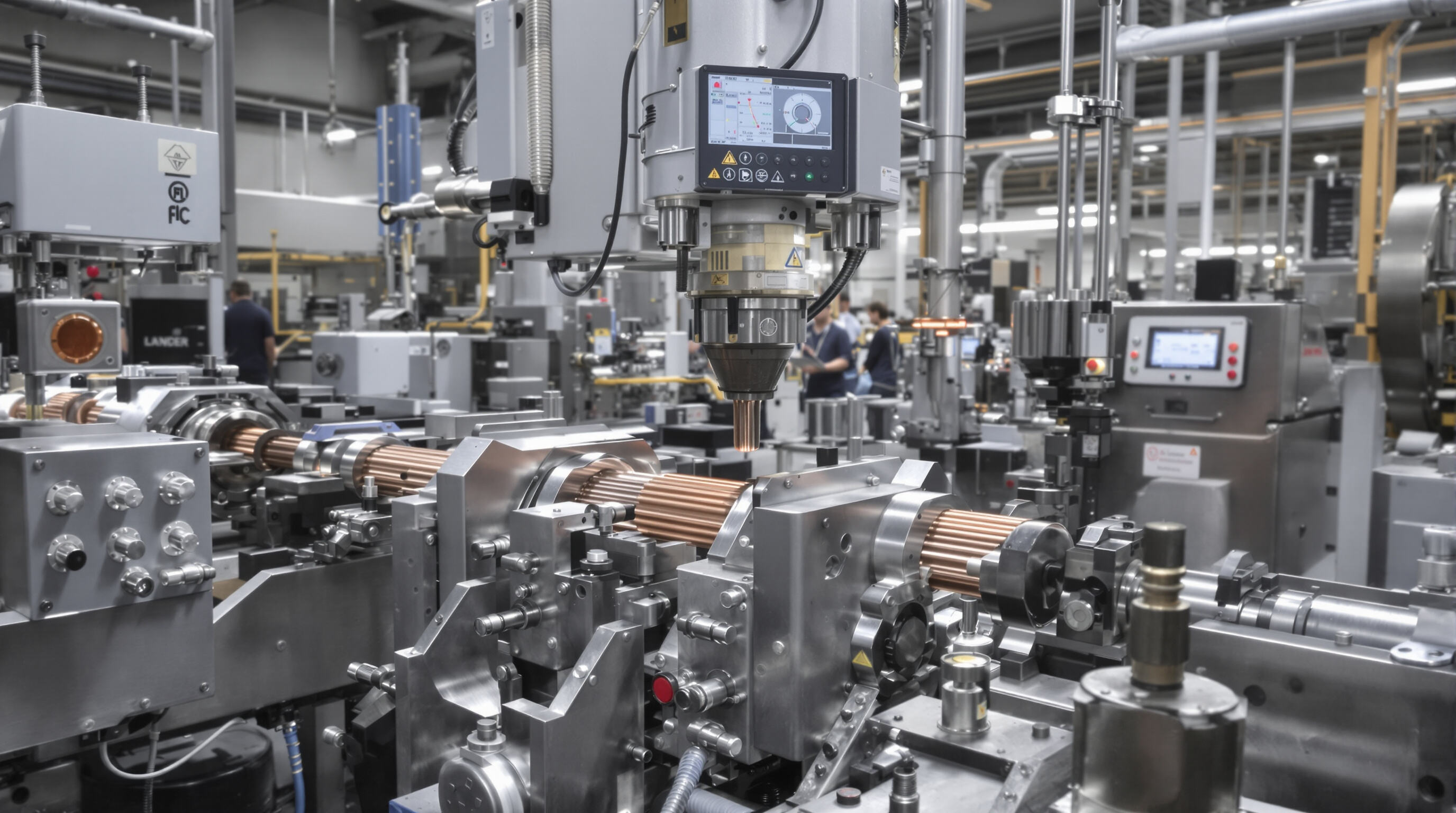Photorealistic view inside a capillary tube factory showing cold drawing machines, copper tubes, and laser measurement.