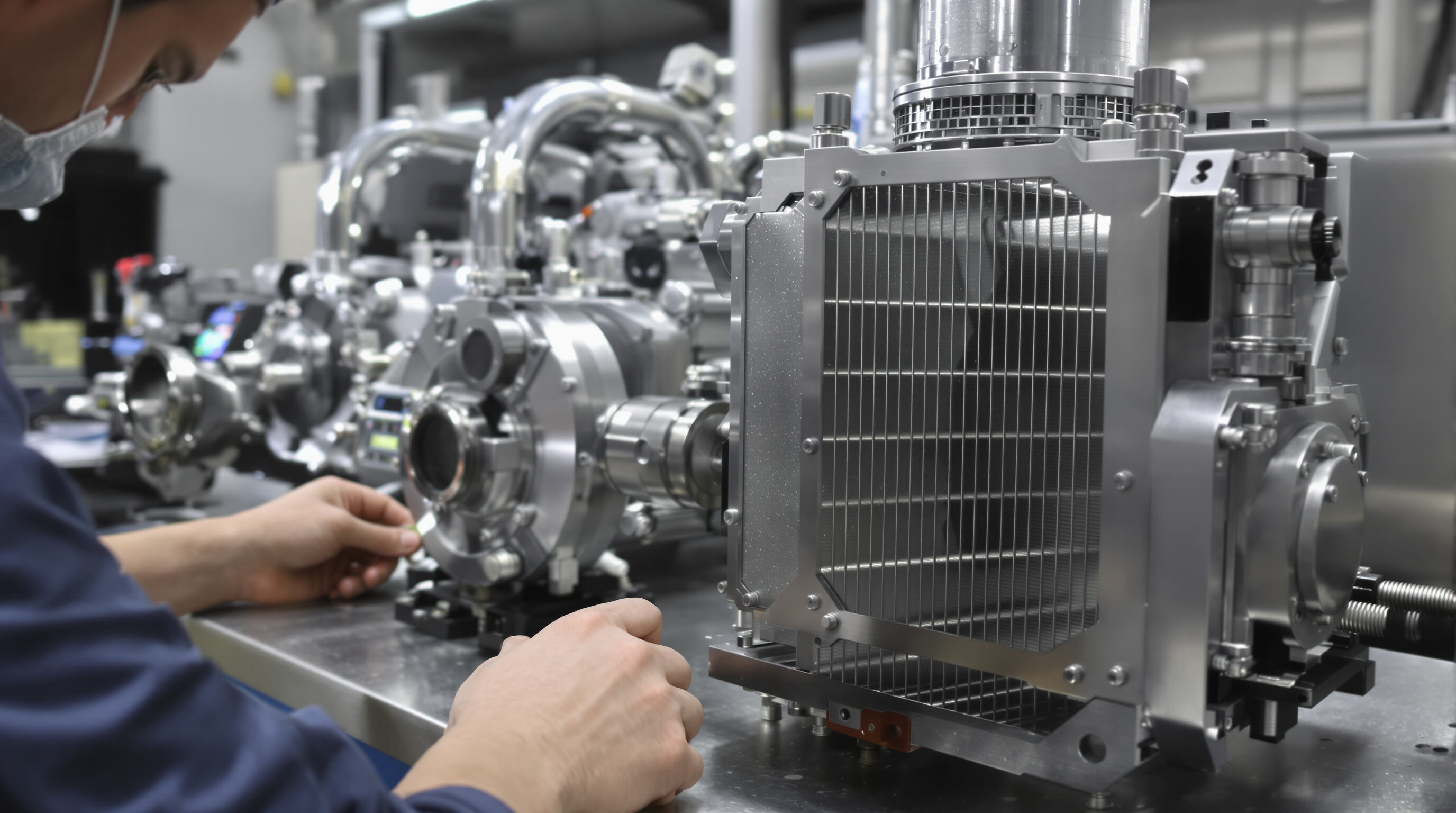 Technician assembling energy-efficient HVAC components with microchannel heat exchanger and modern sensors.