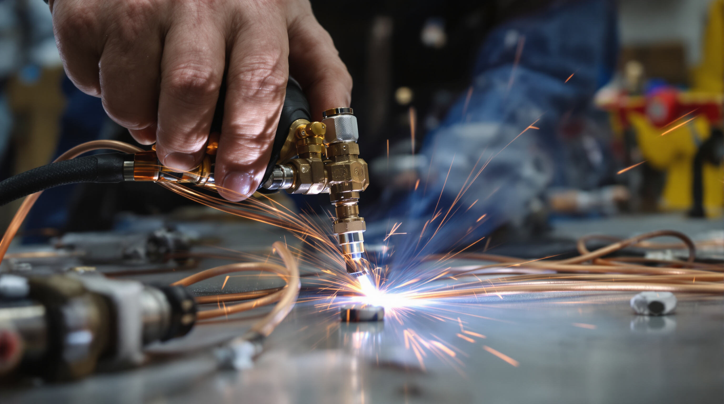 Technician fine-tuning a welding torch with precision flame near delicate copper tubing and small HVAC components