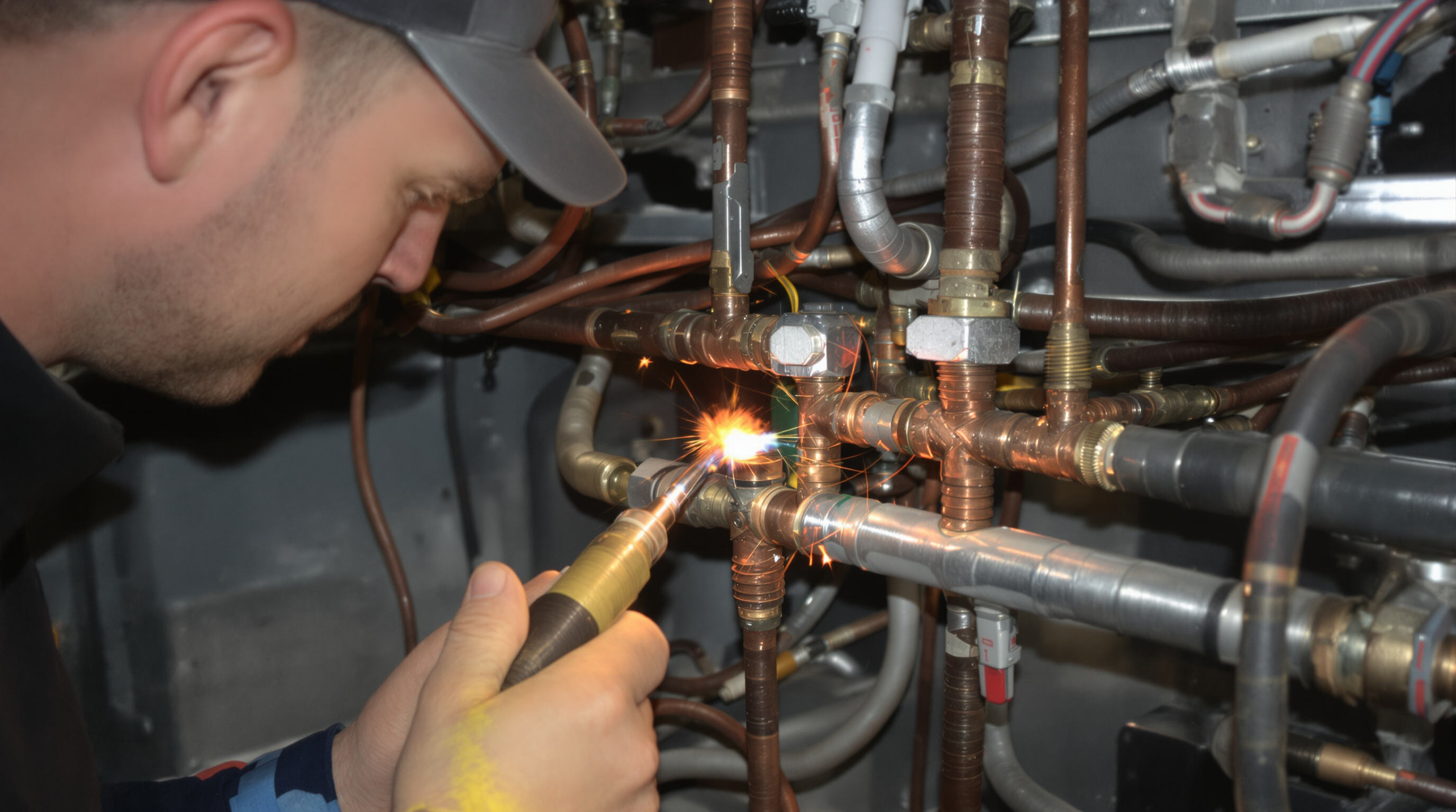 Close-up of technician welding copper and aluminum refrigerant lines in a tight HVAC equipment space