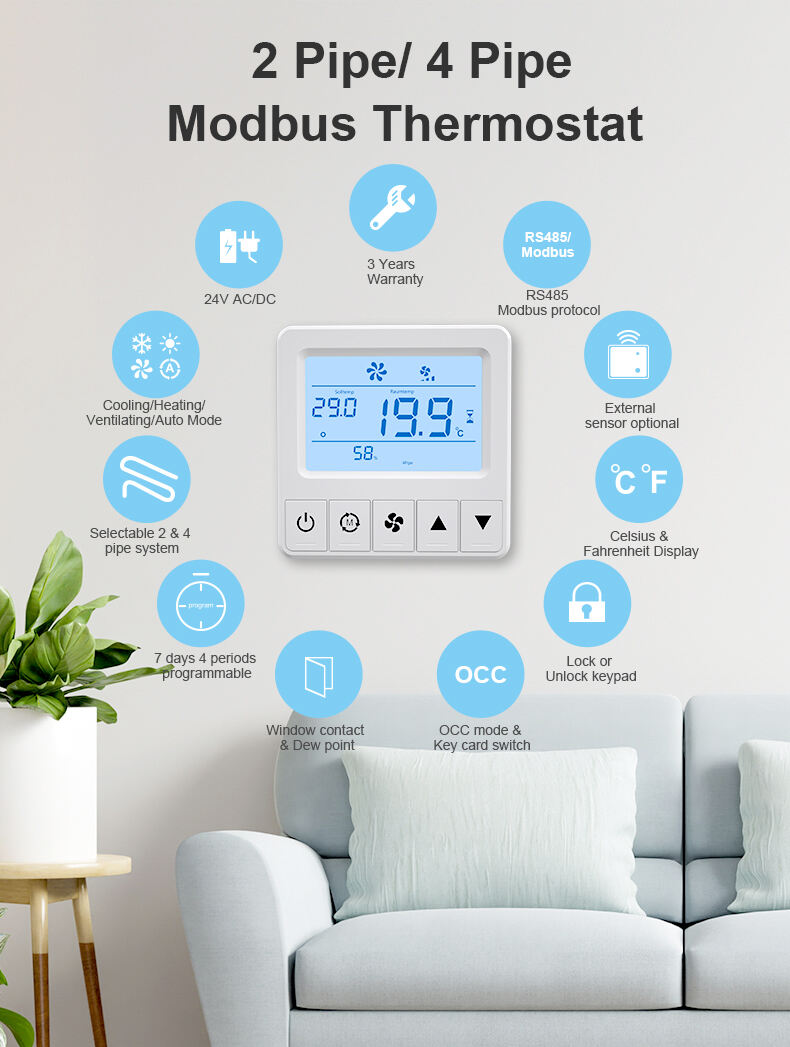 Bandary best non programmable adjustable temperature HVAC fcu fan coil ac Modbus electronic digital room thermostat 24v 230v manufacture