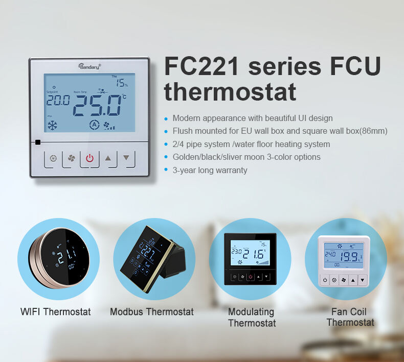 Bandary FC221-5DO relays control 3-stage fan programmable fan coil touch screen room thermostat details