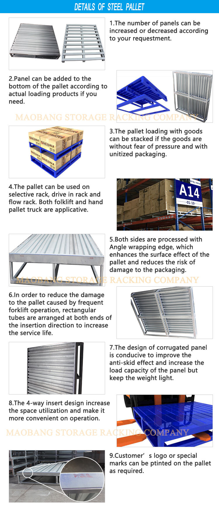 Almacenamiento logístico de paletas de acero, envío de metal reutilizable galvanizado de dos caras, fábrica de carretillas elevadoras, paletas de hierro, fabricación de paletas de chapa metálica