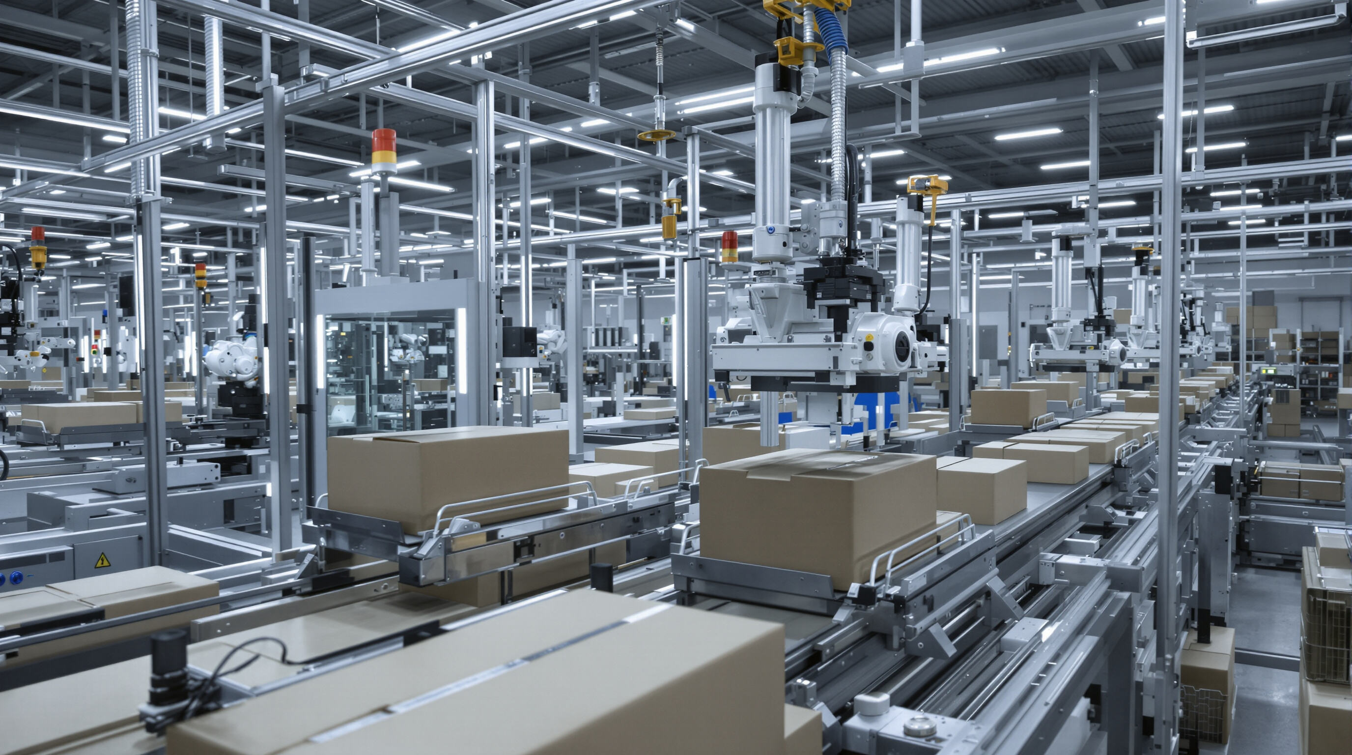Photorealistic image of an automated packaging line with robotic arms, conveyor belts, and precision machinery working at high speed in a modern factory.