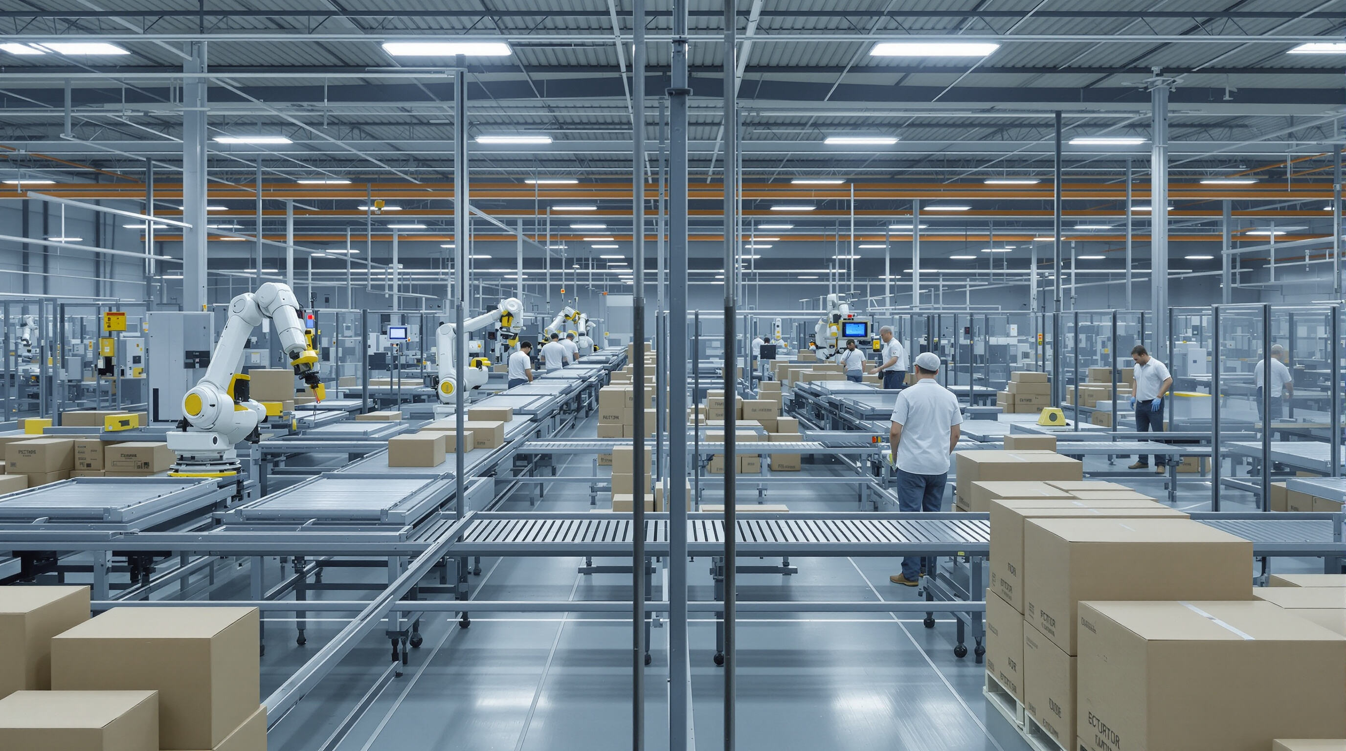 Comparison of automated and manual corrugated box production lines in an industrial factory.