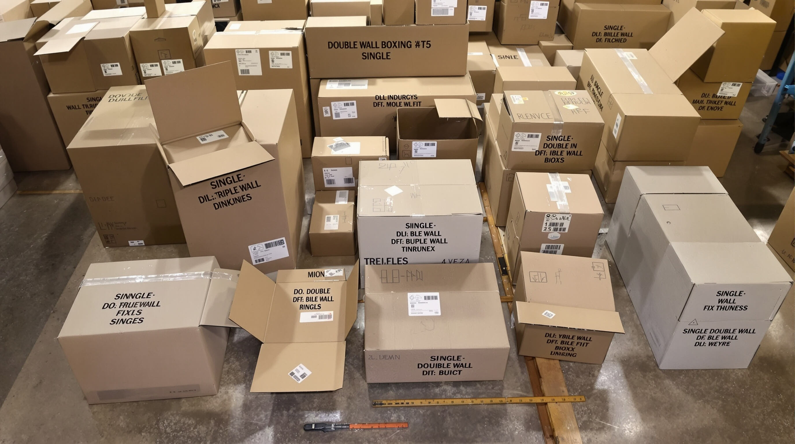 Different types of corrugated boxes showing varied wall thickness and styles with measuring tools in a warehouse setting.