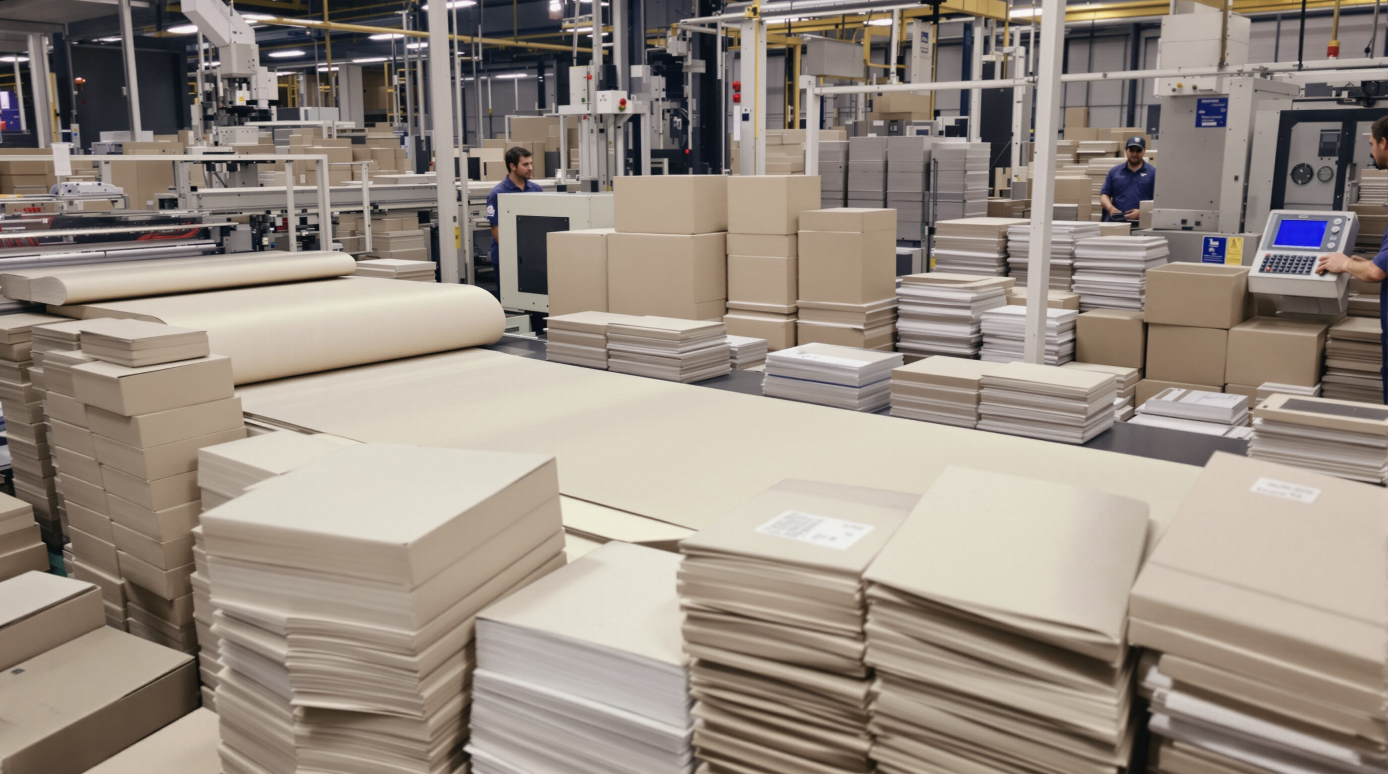 Modern corrugated box production line with automated machinery processing cardboard sheets and workers monitoring controls.