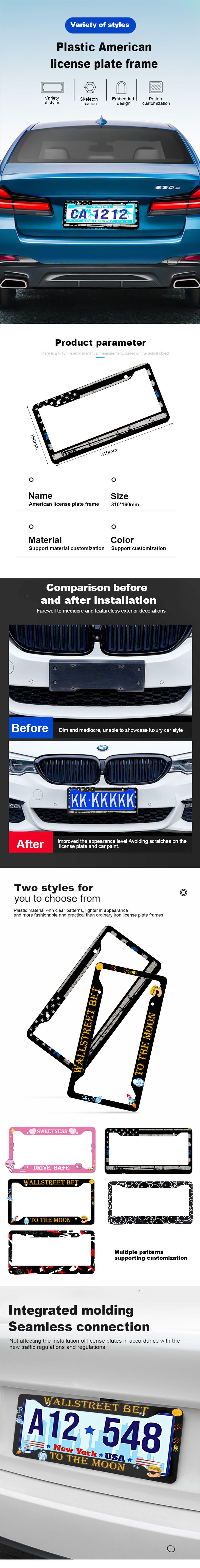New Style Custom Design Plastic License Plate Holder for USA Cars Decoration manufacture