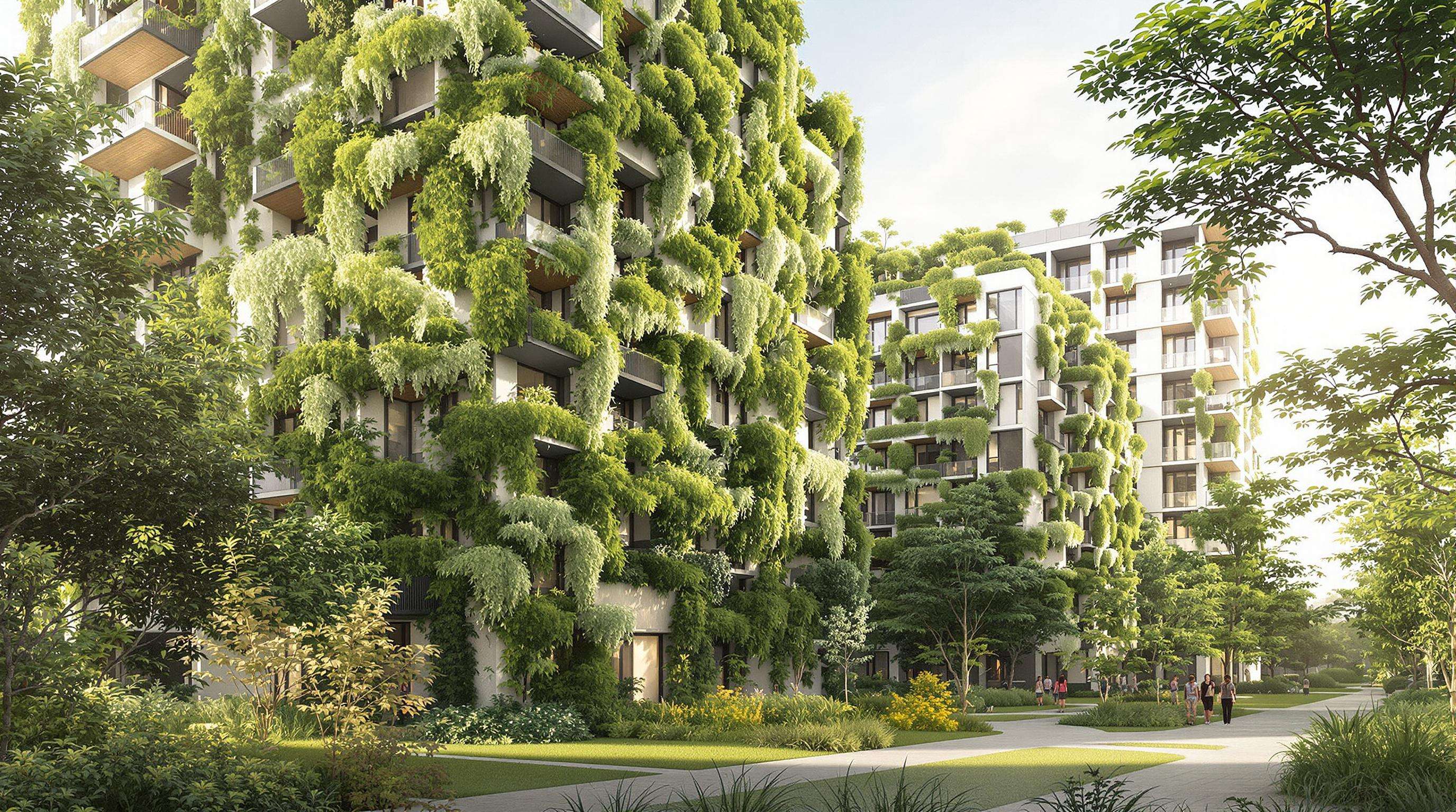 Sustainable apartment buildings featuring vertical gardens, green roofs, and landscaped paths with native plants.