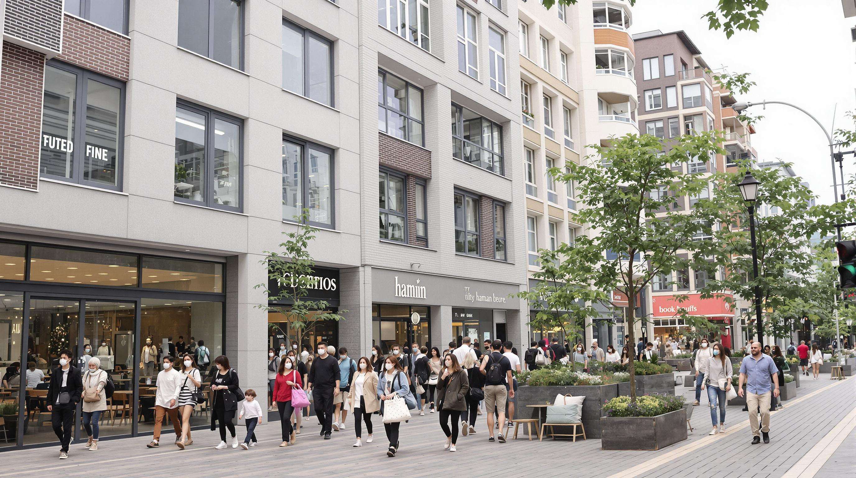 Residents of different ages and backgrounds walking in a modern, mixed-use urban neighborhood with shops and shared green spaces.