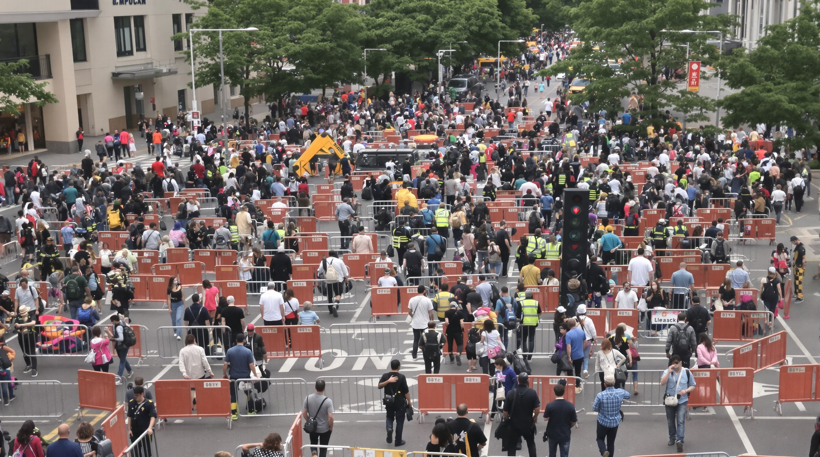 Crowd control barriers guiding pedestrian movement in a busy city, with clear paths for emergency personnel