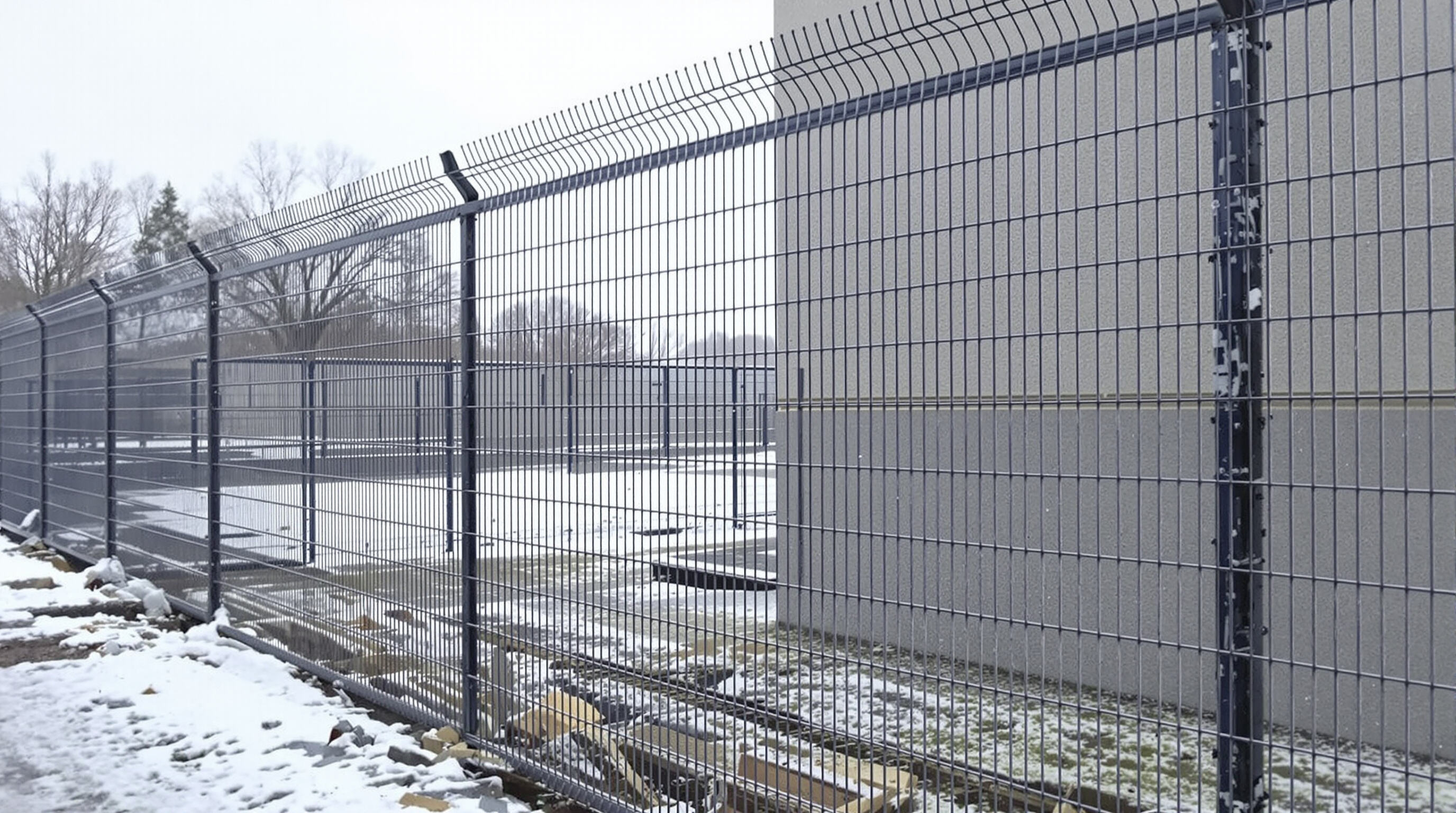 Photorealistic wide view of 3D weld mesh fencing in a harsh outdoor environment, with powder-coated and galvanized steel textures.