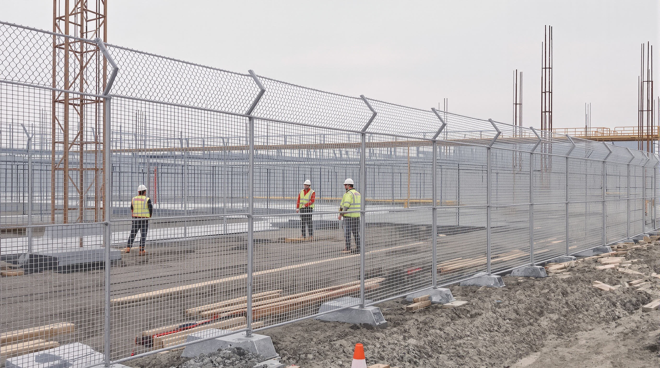 Temporary fencing on a construction site with supervisors observing safety zones