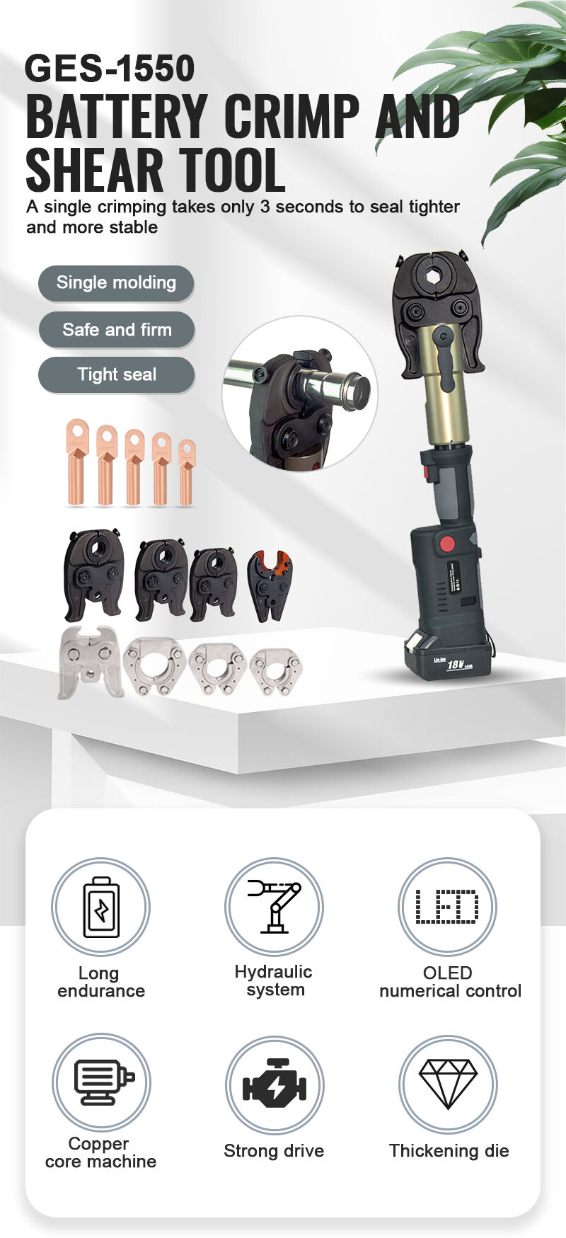GES-1550 Battery Electric 3-in-1 Hydraulic Tool Cable Crimping Tool Cable Cutting Copper Pipe Plumbing Press Fitting Tool factory