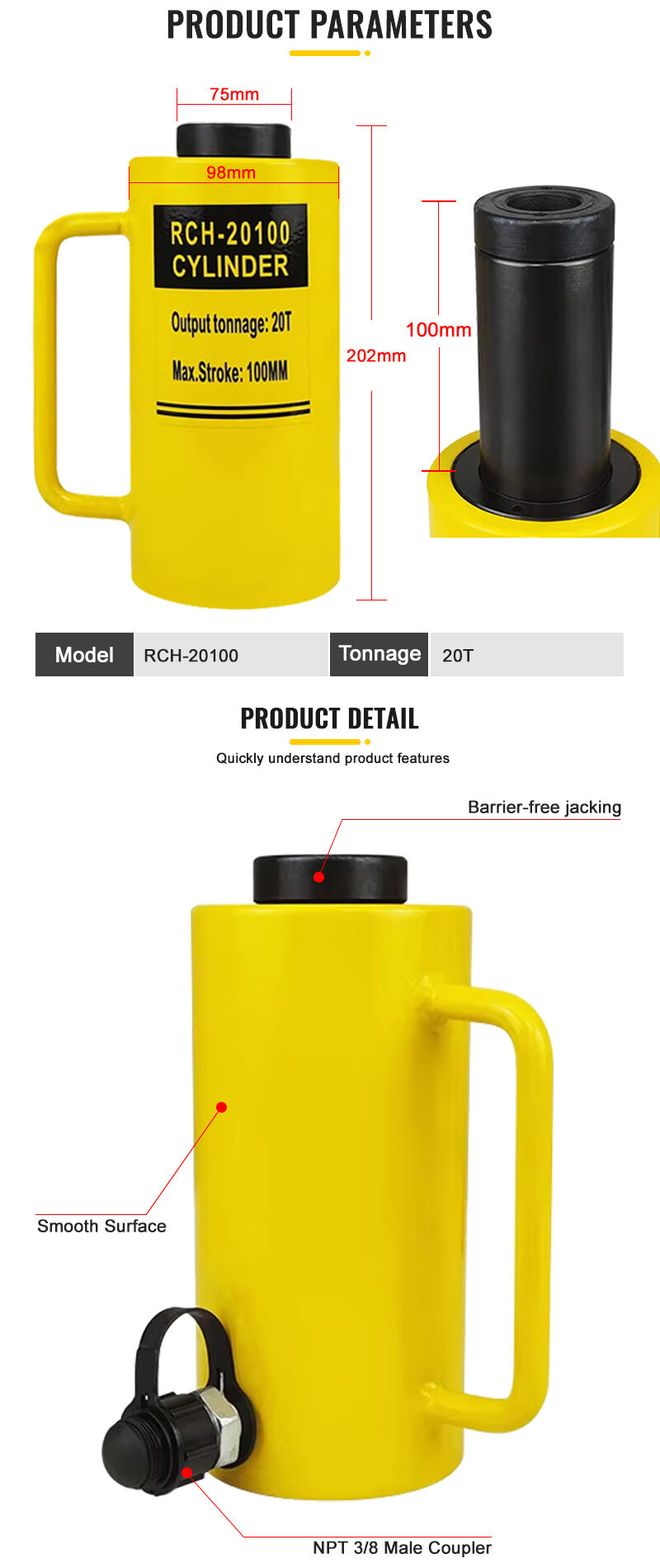 RCH-20100 20 Ton Hydraulic Hollow Jack Cylinders supplier