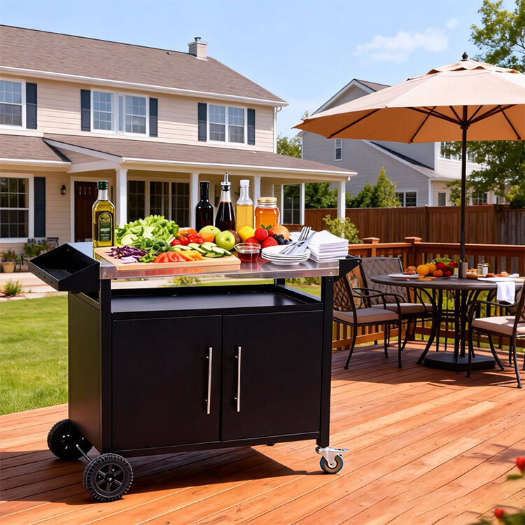 product two door black outdoor grill cart patio furniture portable mobile bbq table storage rack grilling accessories for camping-5