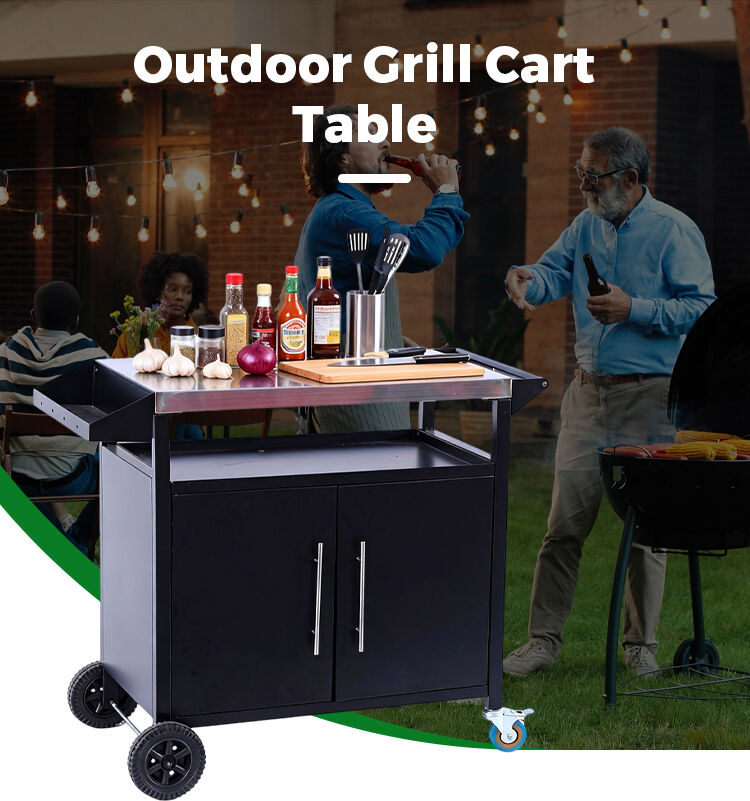 product two door black outdoor grill cart patio furniture portable mobile bbq table storage rack grilling accessories for camping-1